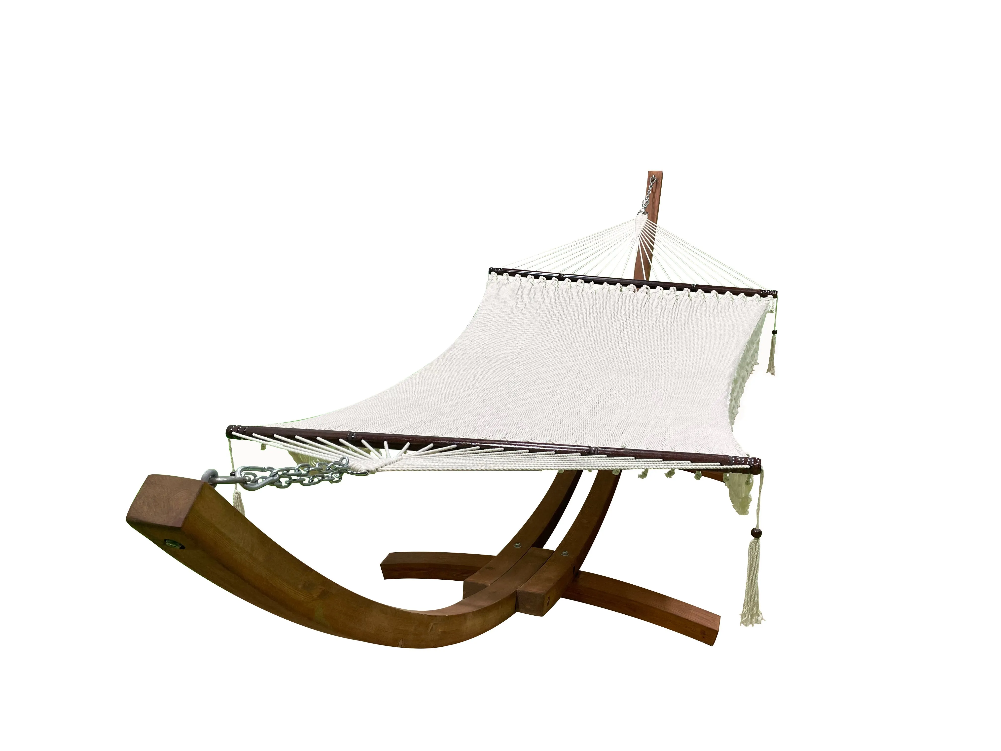 14 Ft. Teak Stain Wooden Arc Hammock Stand & Deluxe Hand Woven Bohemian Chic Rope Hammock Bed.