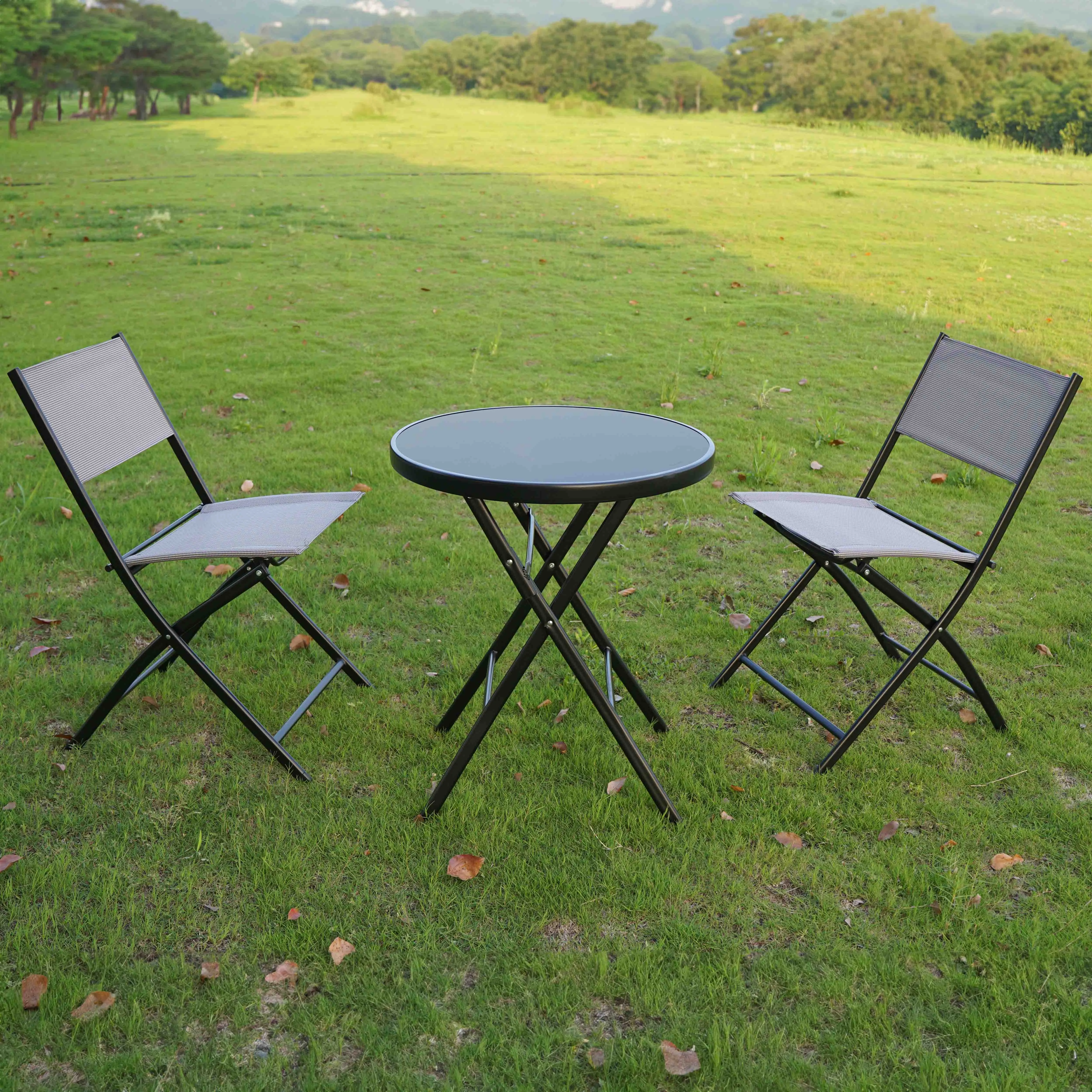 3-Piece set Portable Folding Picnic Table & two Chair Seats foldable Carrying Handle Heavy Duty Gray Party RV Patio Dining Event Camping Outdoor Activity Commercial Family Home Garden