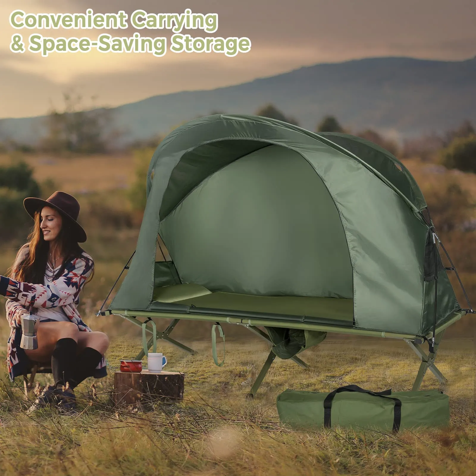 4-in-1 Camping Cot Tent for 1 Person, Foldable Elevated Tent Set, Portable Tent W/Waterproof External Cover