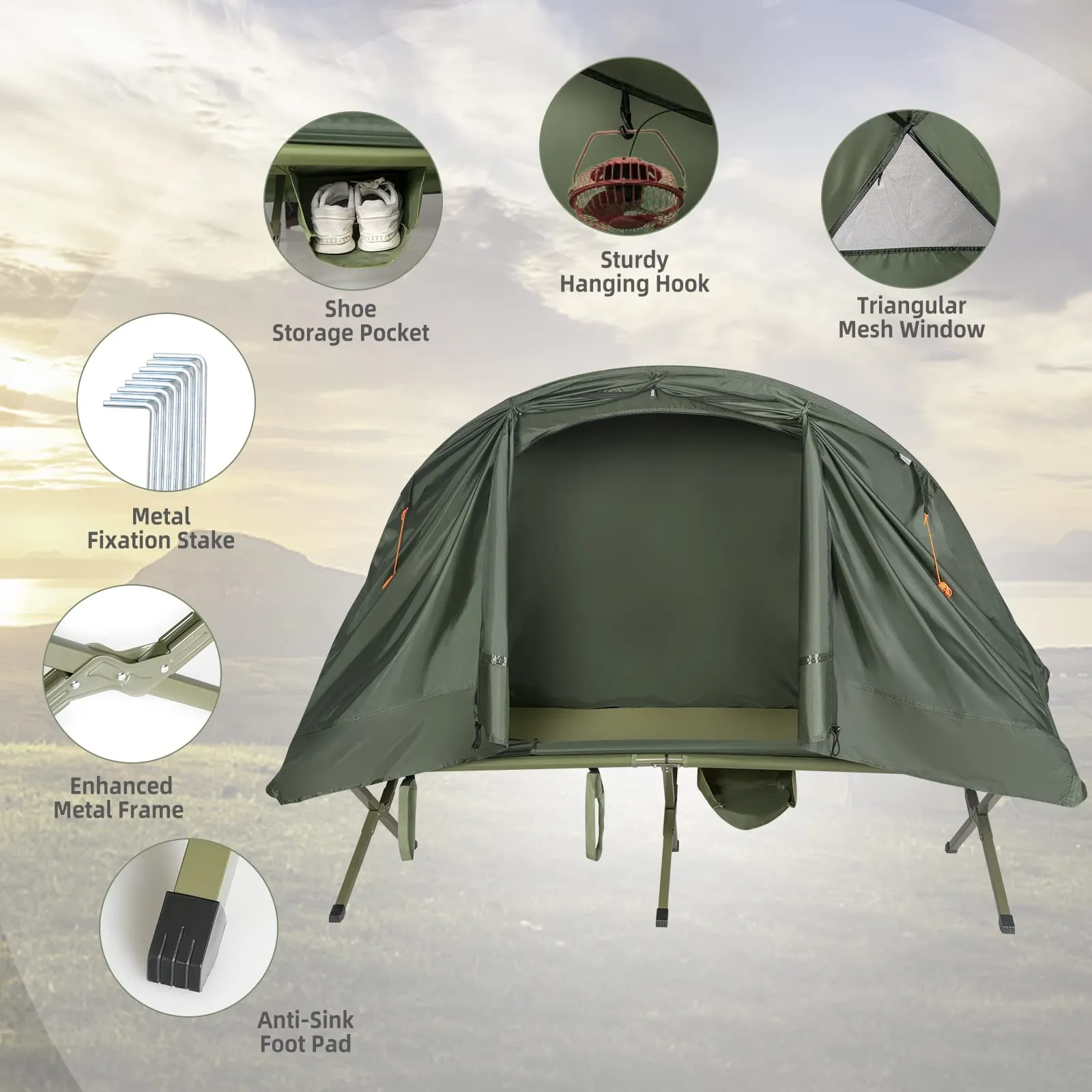 4-in-1 Camping Cot Tent for 1 Person, Foldable Elevated Tent Set, Portable Tent W/Waterproof External Cover