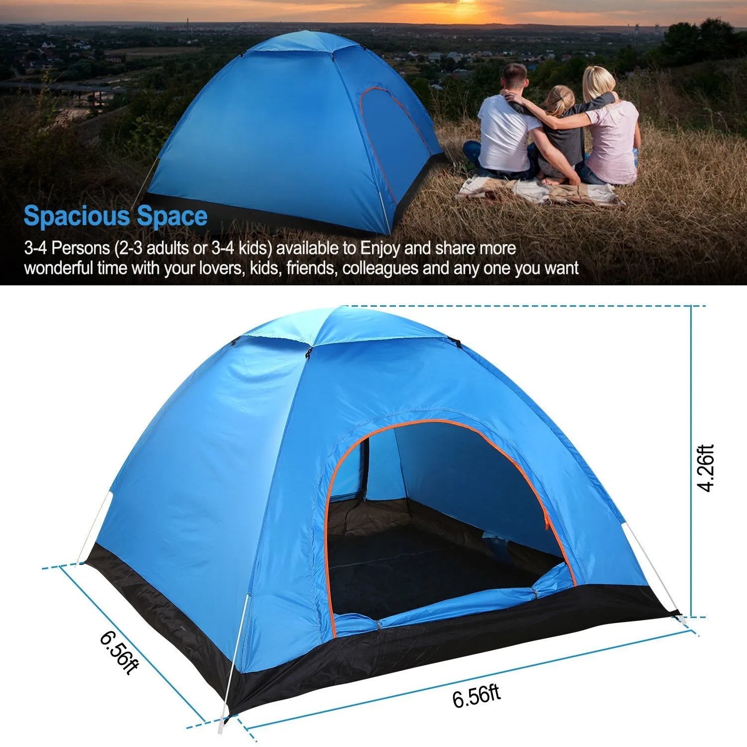 4 Persons Camping Waterproof Tent Pop Up Tent Instant Setup Tent w/2 Mosquito Net Doors Carrying Bag Folding 4 Seasons