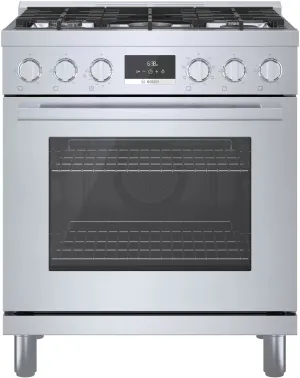 Bosch 800 Series HDS8055U 30 Inch Freestanding Dual Fuel Range with 5 Sealed Burners, 3.9 Cu. Ft. Oven Capacity, Continuous Grates, Self Clean, Genuine European Convection, SoftClose Doors, Dishwasher-Safe Grates, and Dual-Flame Burners