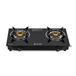 Candes Flame Glass Top Gas Stove | Manual Ignition, Black (ISI Certified With 12 Months Warranty (2 Burner) (Manual 2 Burner)