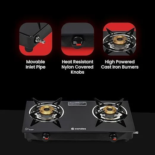 Candes Flame Glass Top Gas Stove | Manual Ignition, Black (ISI Certified With 12 Months Warranty (2 Burner) (Manual 2 Burner)