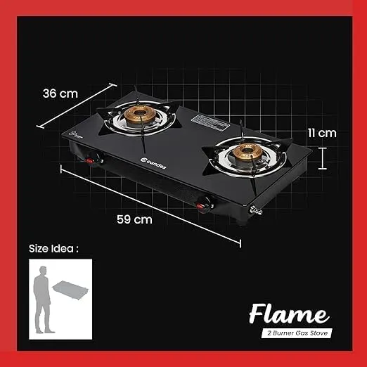 Candes Flame Glass Top Gas Stove | Manual Ignition, Black (ISI Certified With 12 Months Warranty (2 Burner) (Manual 2 Burner)