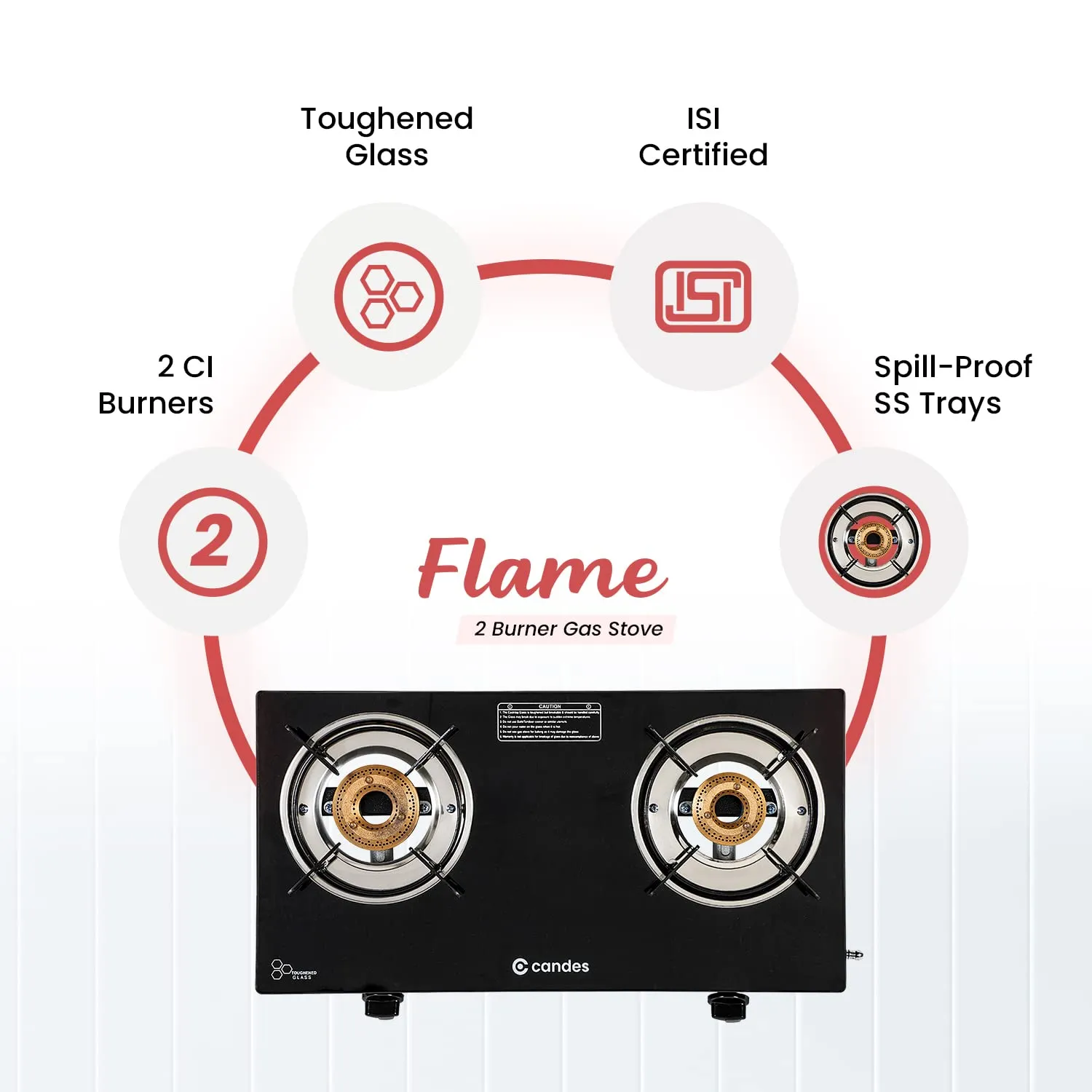 Candes Glass Gas Stove 2 Burners Premium Die Cast Alloy | Manual Ignition Tornado Burner With 6 mm Toughened Glass Top | Nylon Ergonomics Knob | LPG Compatible | ISI Certified | 1 Yr Warranty | Black