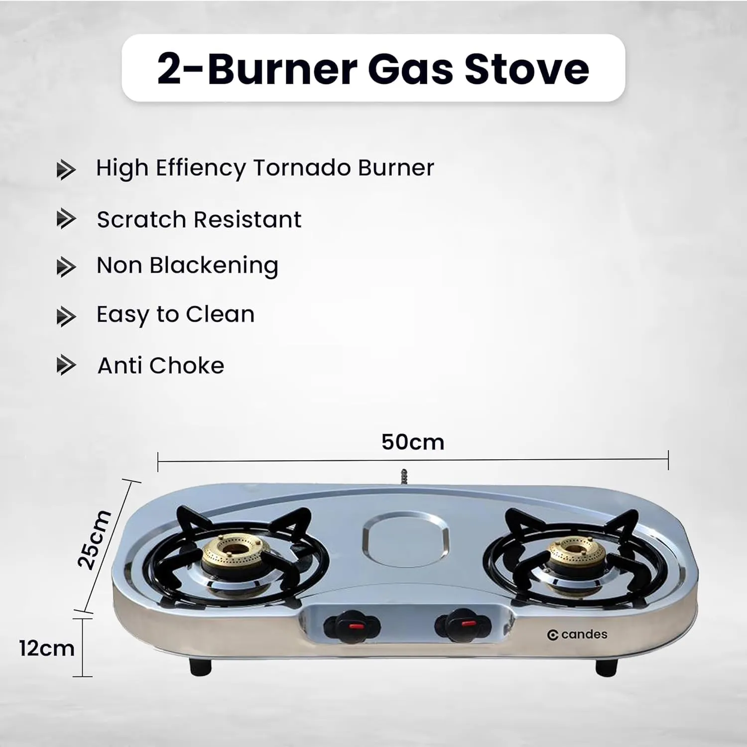 Candes Stainless Steel 2 Burner Manual Oval Gas Stove |Die Cast Alloy Tornado Burner | Gas stove 2 burners Steel |LPG Compatible |ISI Certified | Door Step Service,300 Days Warranty| Pack of 2