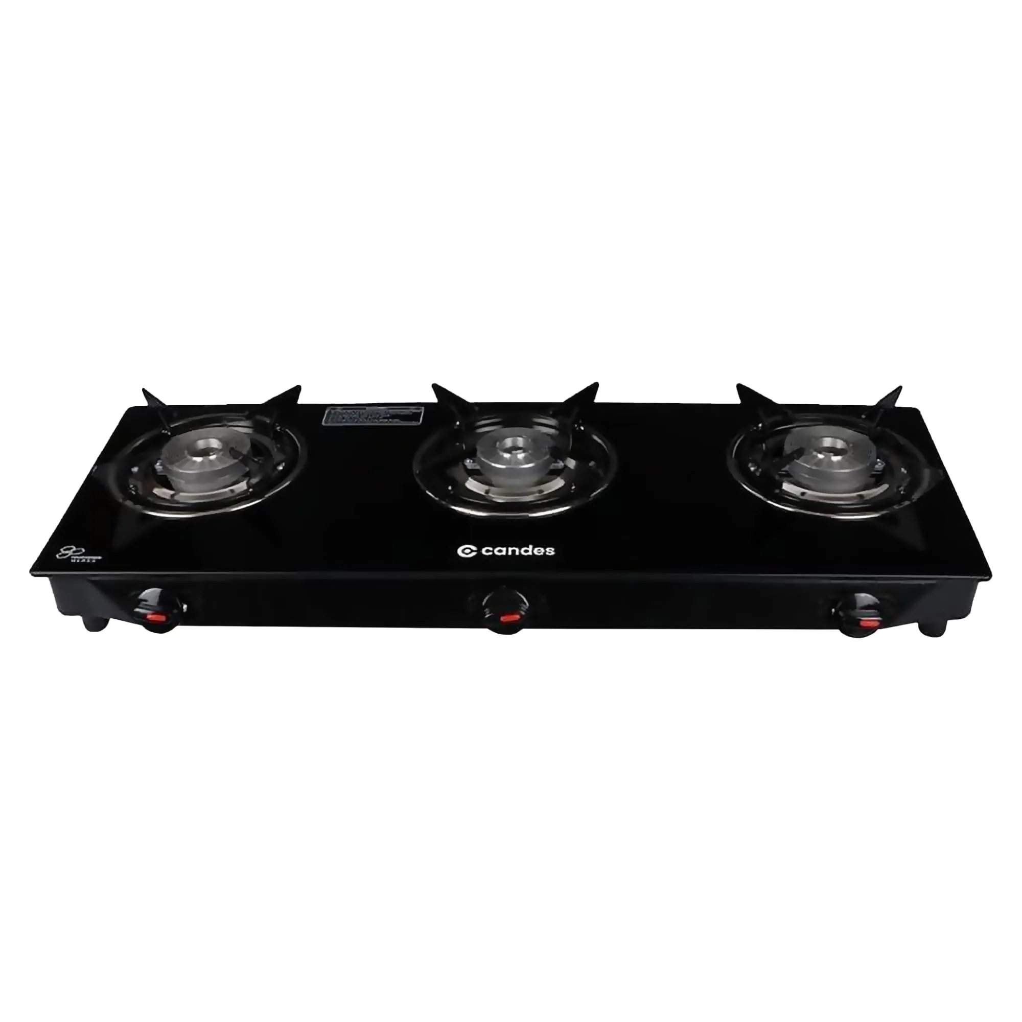 Candes Toughened Glass Manual Gas Stove |3 Die Cast Alloy Tornado Burner | LPG Compatible | Doorstep Service | ISI Certified | 1 Year Warranty (3 Burner Magma- Manual)