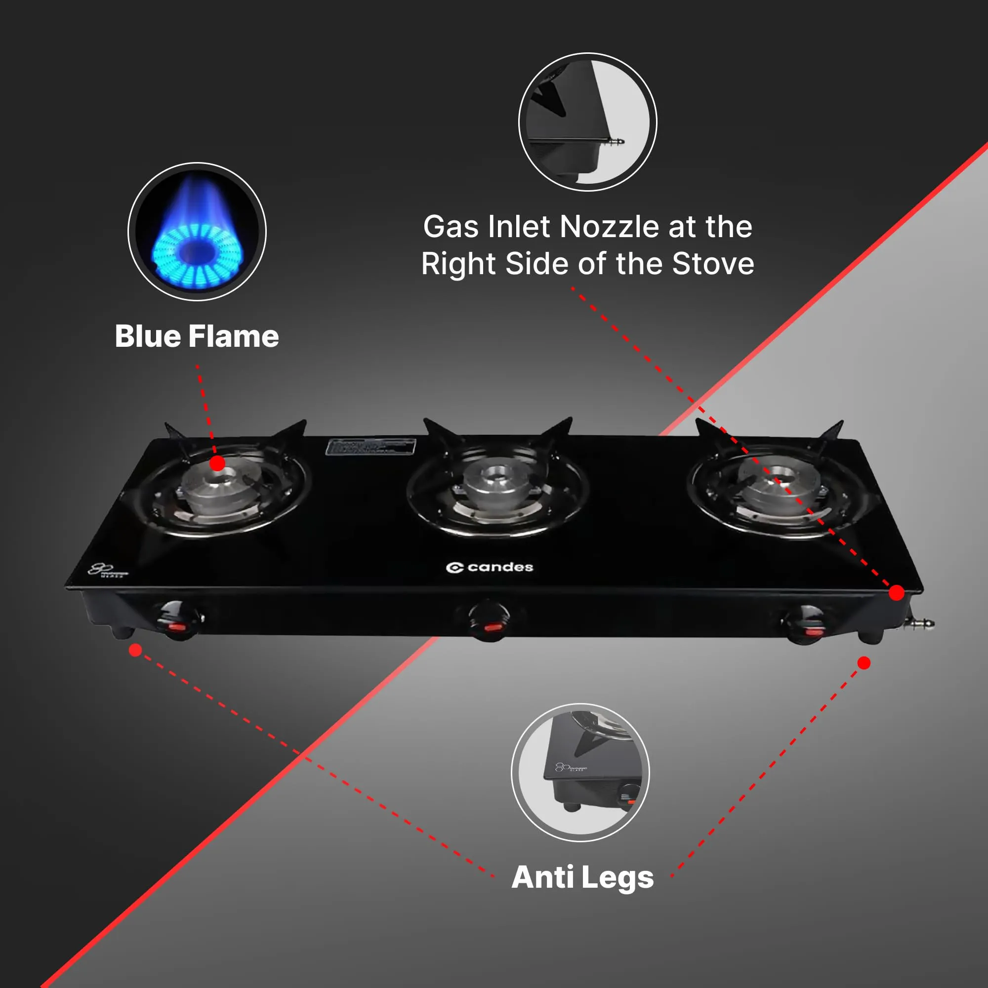 Candes Toughened Glass Manual Gas Stove |3 Die Cast Alloy Tornado Burner | LPG Compatible | Doorstep Service | ISI Certified | 1 Year Warranty (3 Burner Magma- Manual)