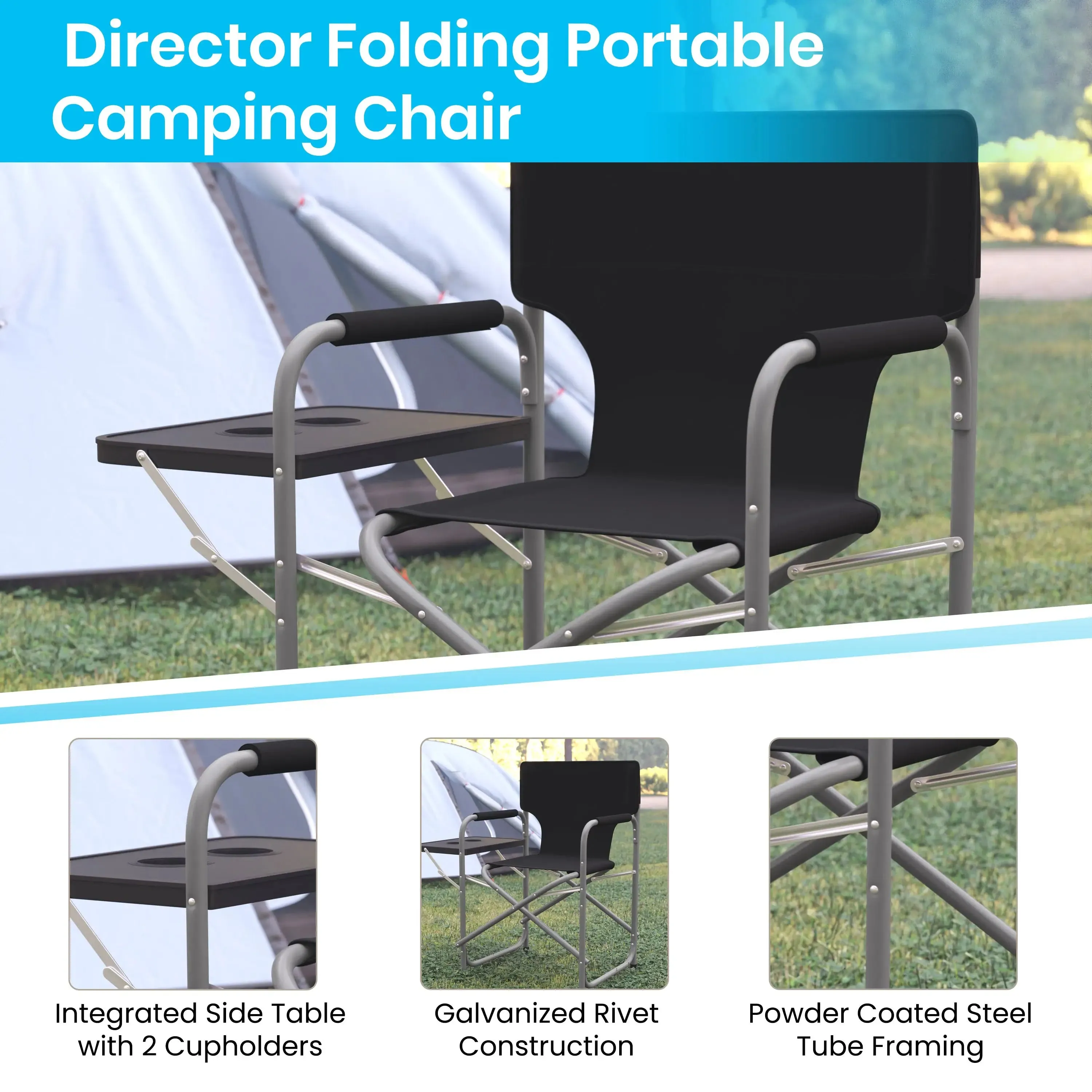 Folding Director's Camping Chair with Side Table and Cup Holder