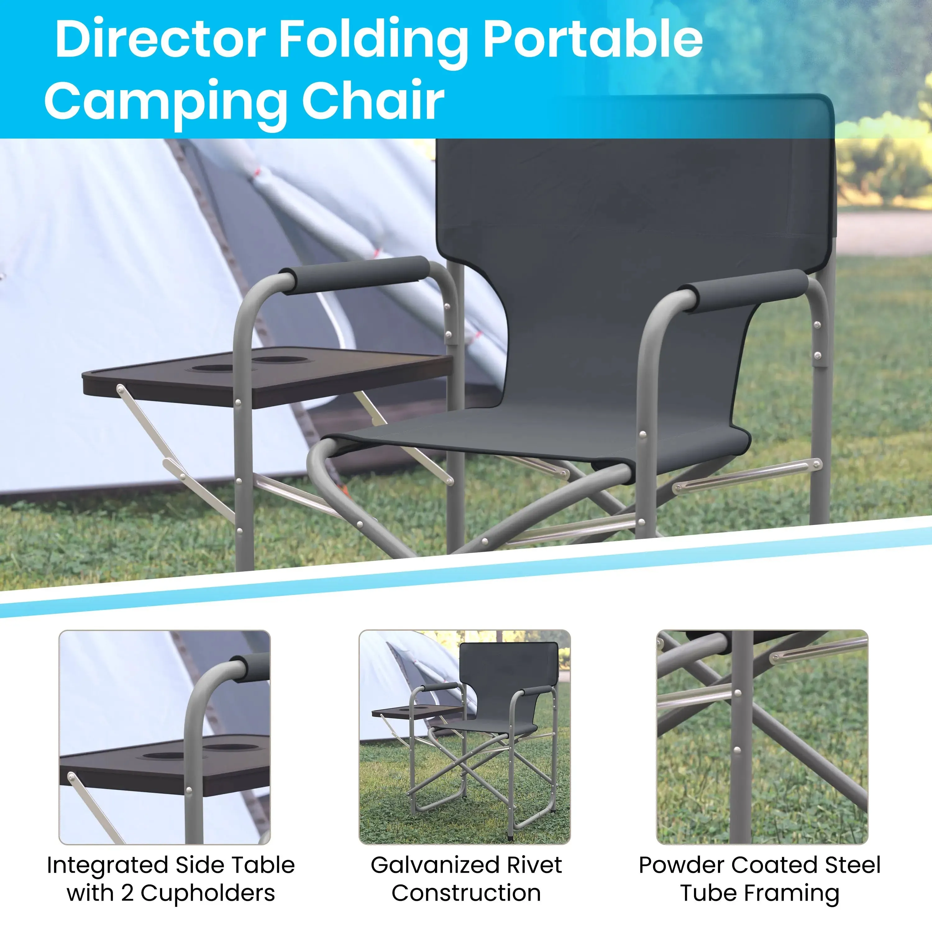 Folding Director's Camping Chair with Side Table and Cup Holder