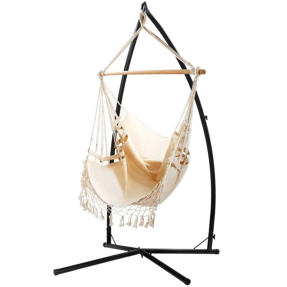 Gardeon Hammock Chair with Steel Stand Hanging Outdoor Tassel Cream