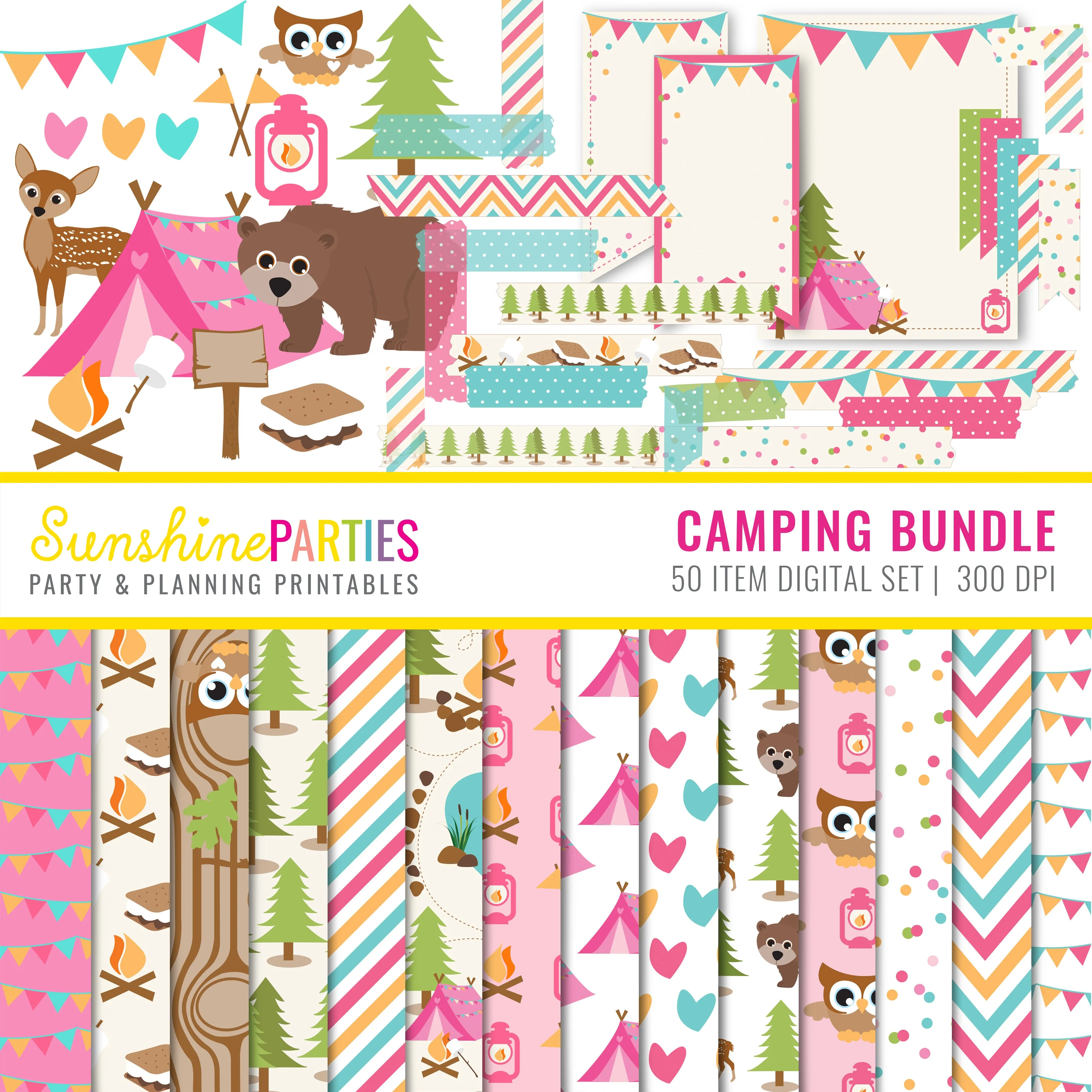 Girls Camping Digital Paper Set | Camp Out Glamping Digital Bundle