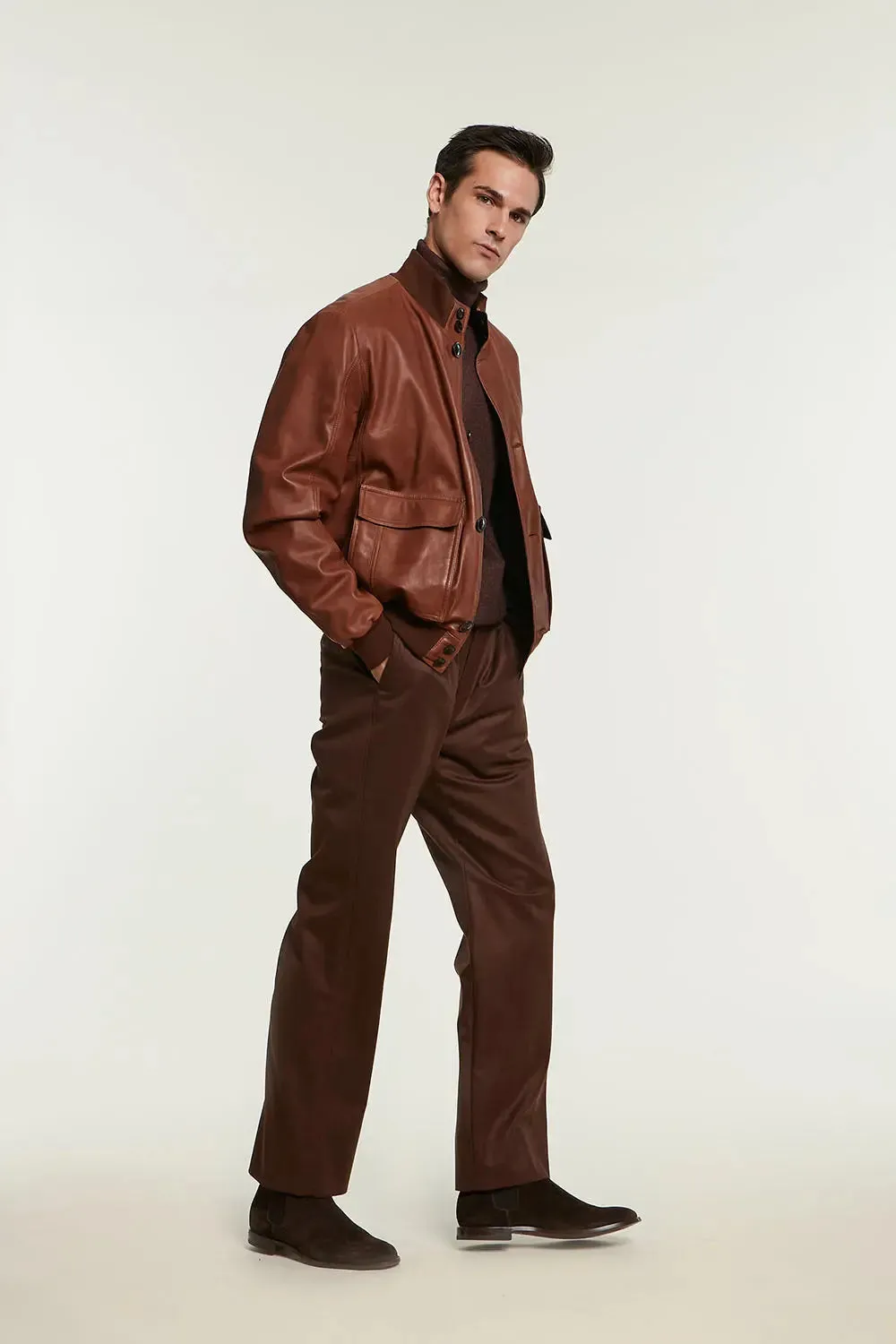 Mens cognac leather bomber jacket