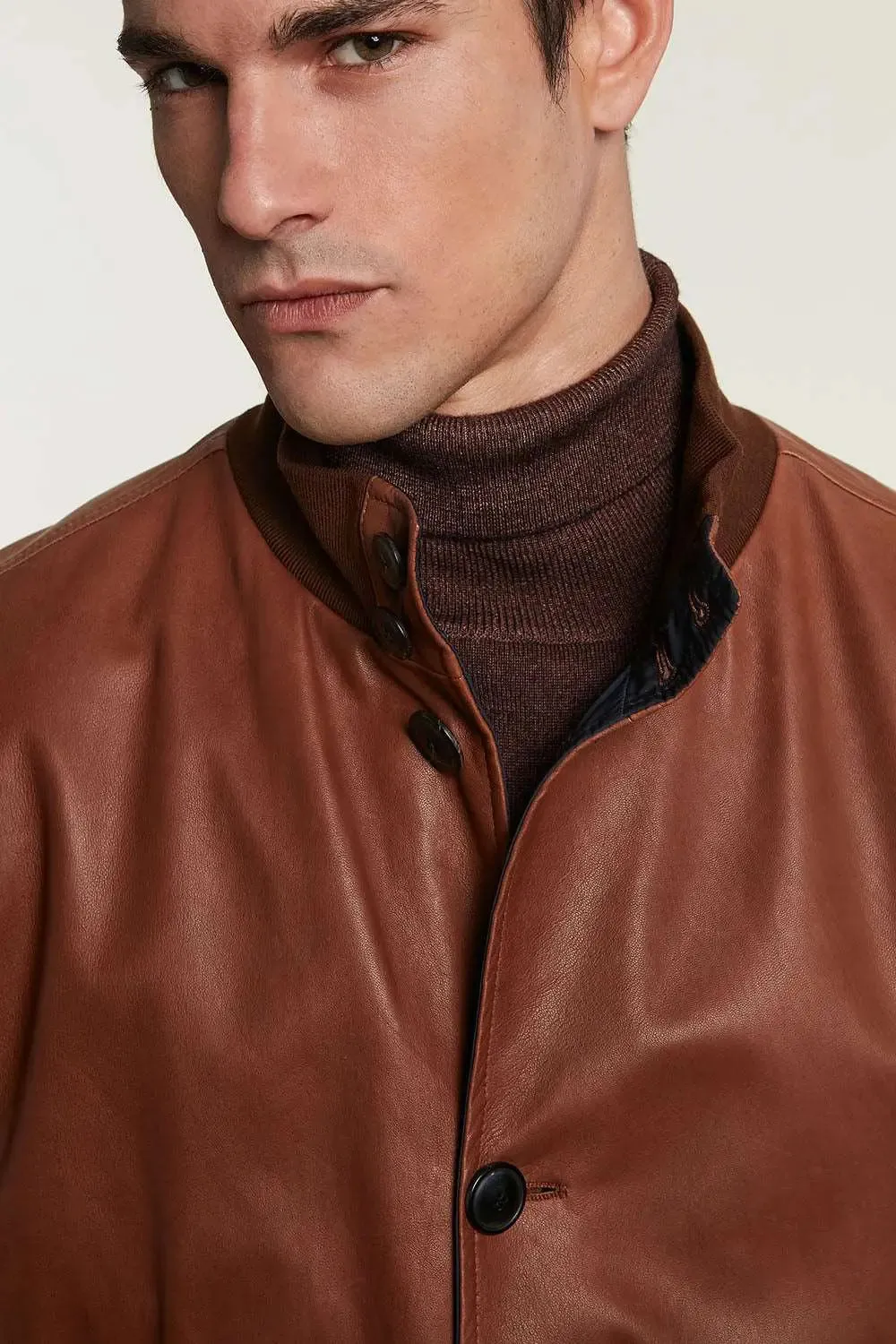 Mens cognac leather bomber jacket