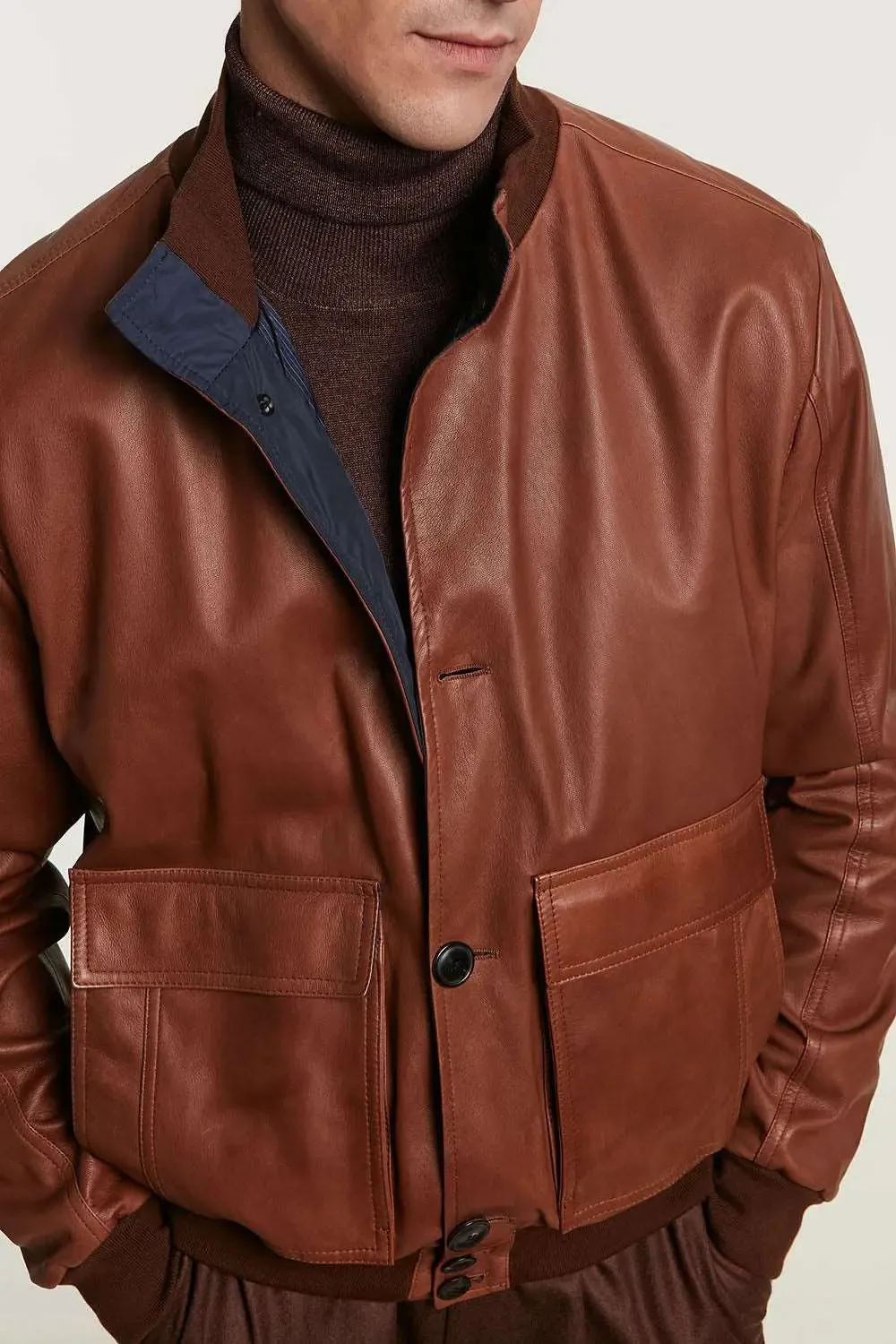 Mens cognac leather bomber jacket