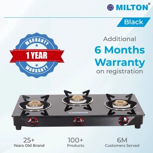 MILTON Premium 3 Burner Black Manual Ignition LPG Glass Top Gas Stove, (ISI Certified)