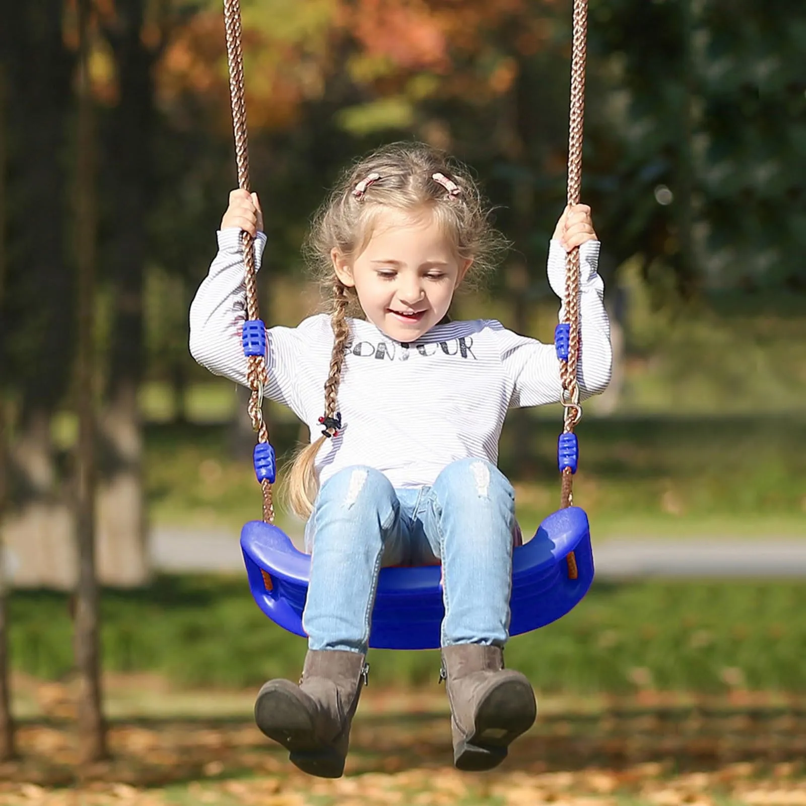 REZNOR Kids Indoor Outdoor Plastic Swing Seat with Hight Adjustable Rope Strong Tree Swing for Playground Backyard Holds 120kg for 3-12 Years Kids Children (Blue)