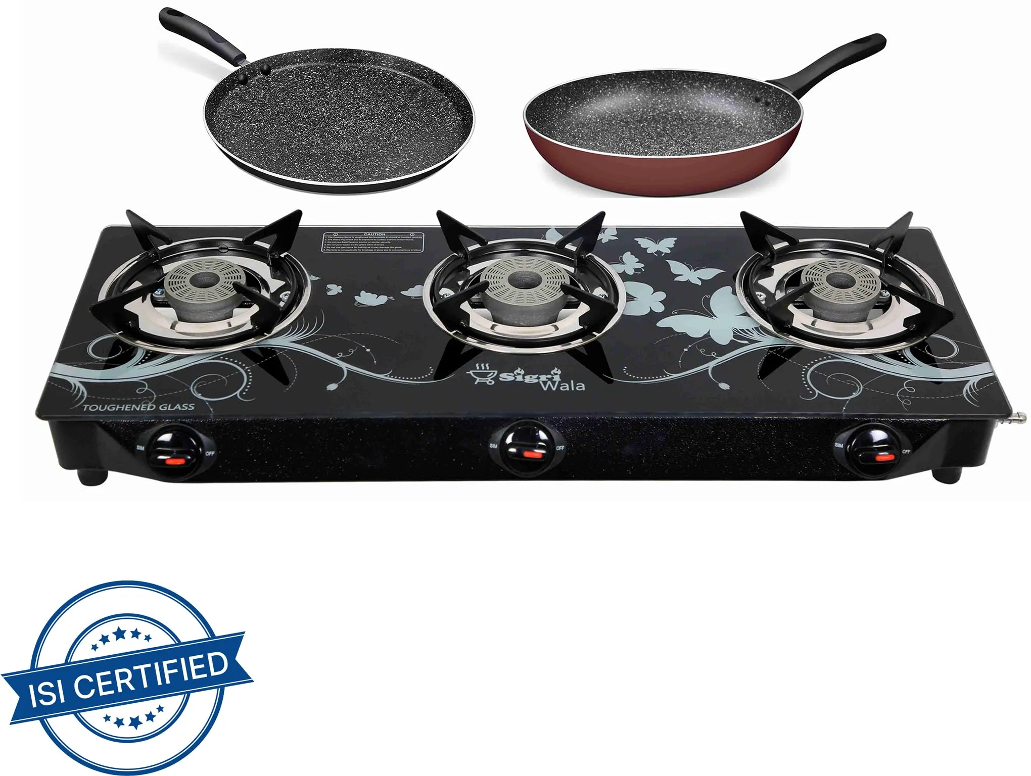 Sigri-wala Dosa tawa & Fry pan Combo Delux Glass Manual Gas Stove (3 Burners)