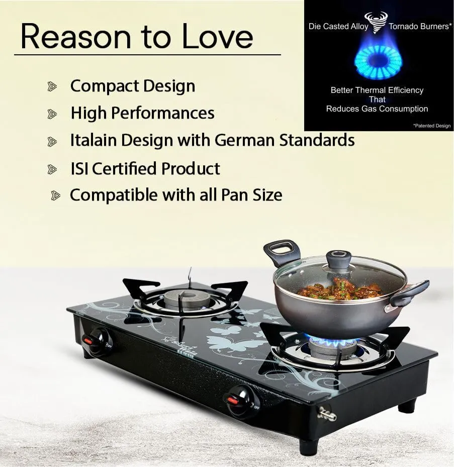 Sigri-wala Lighter & Hose Pipe ISI Certified 2 Burner Design Combo Glass Manual Gas Stove (2 Burners)