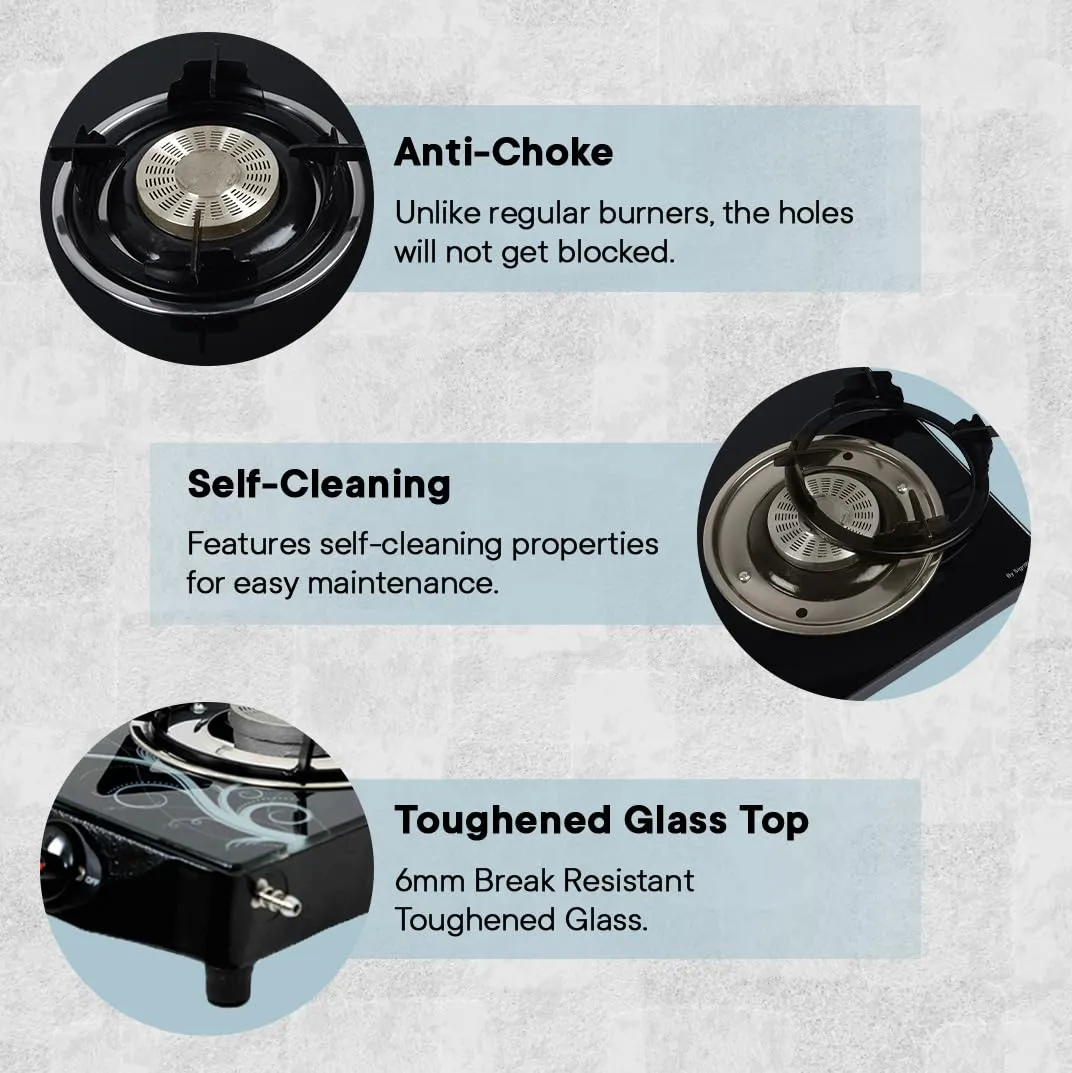 Sigri-wala Lighter & Hose Pipe ISI Certified 2 Burner Design Combo Glass Manual Gas Stove (2 Burners)