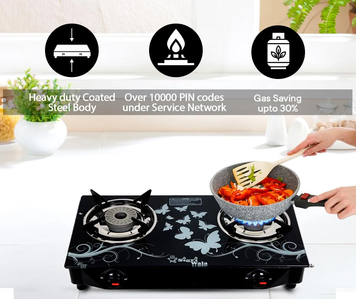 Sigri-wala Lighter & Hose Pipe ISI Certified 2 Burner Design Combo Glass Manual Gas Stove (2 Burners)