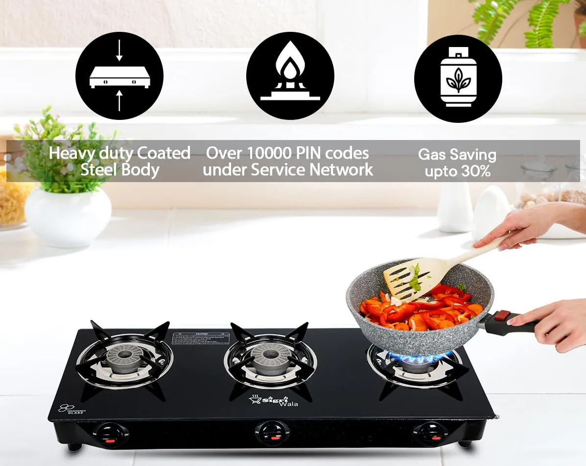 Sigri-wala Lighter & Hose Pipe ISI Certified 3 Burner Combo Glass Manual Gas Stove (3 Burners)