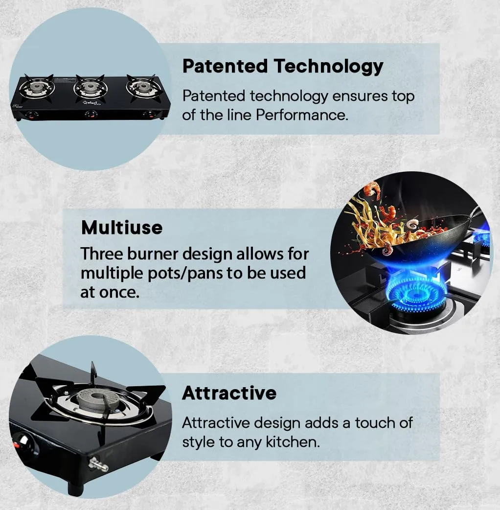 Sigri-wala Lighter & Hose Pipe ISI Certified 3 Burner Combo Glass Manual Gas Stove (3 Burners)