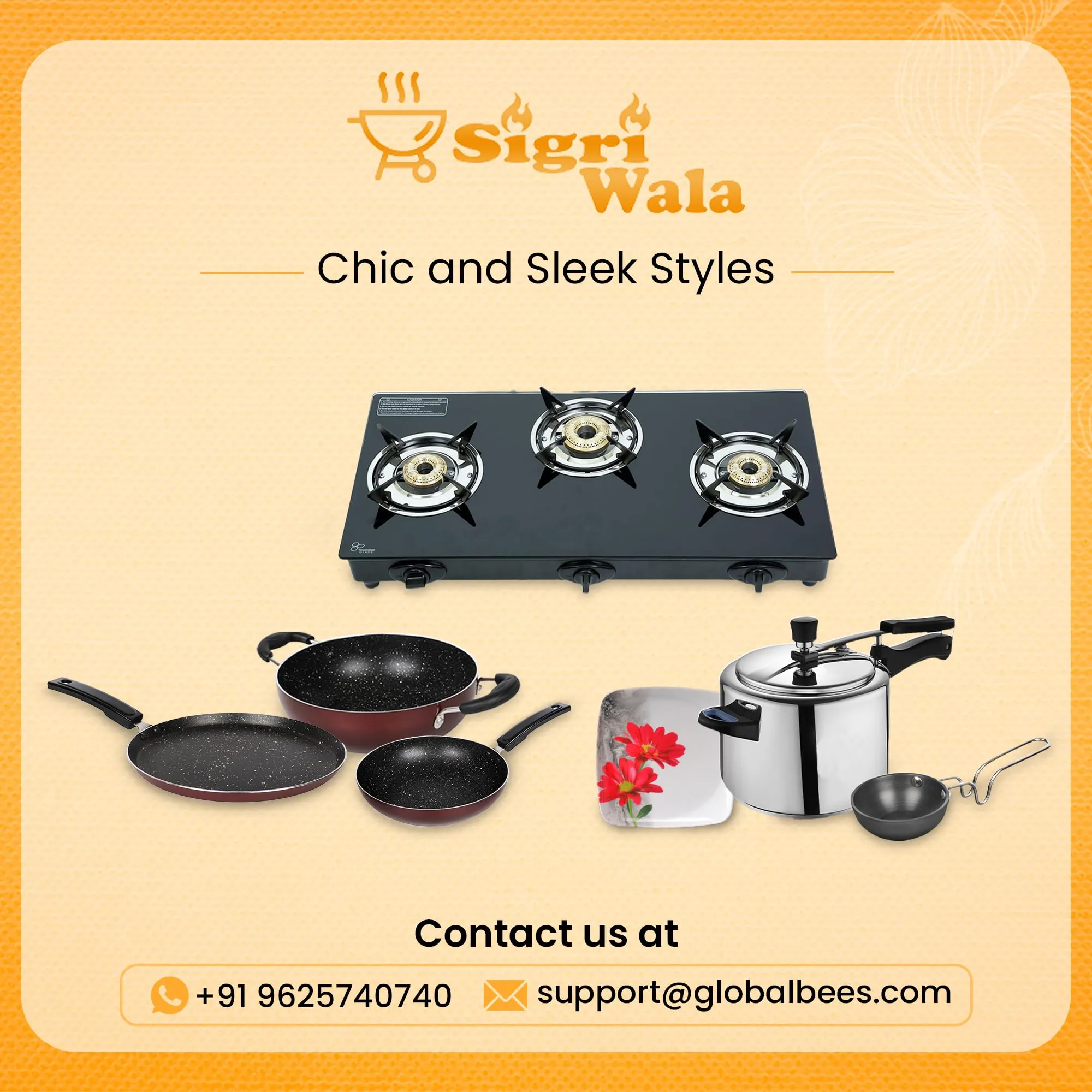 Sigri-wala Lighter & Hose Pipe ISI Certified 3 Burner Combo Glass Manual Gas Stove (3 Burners)