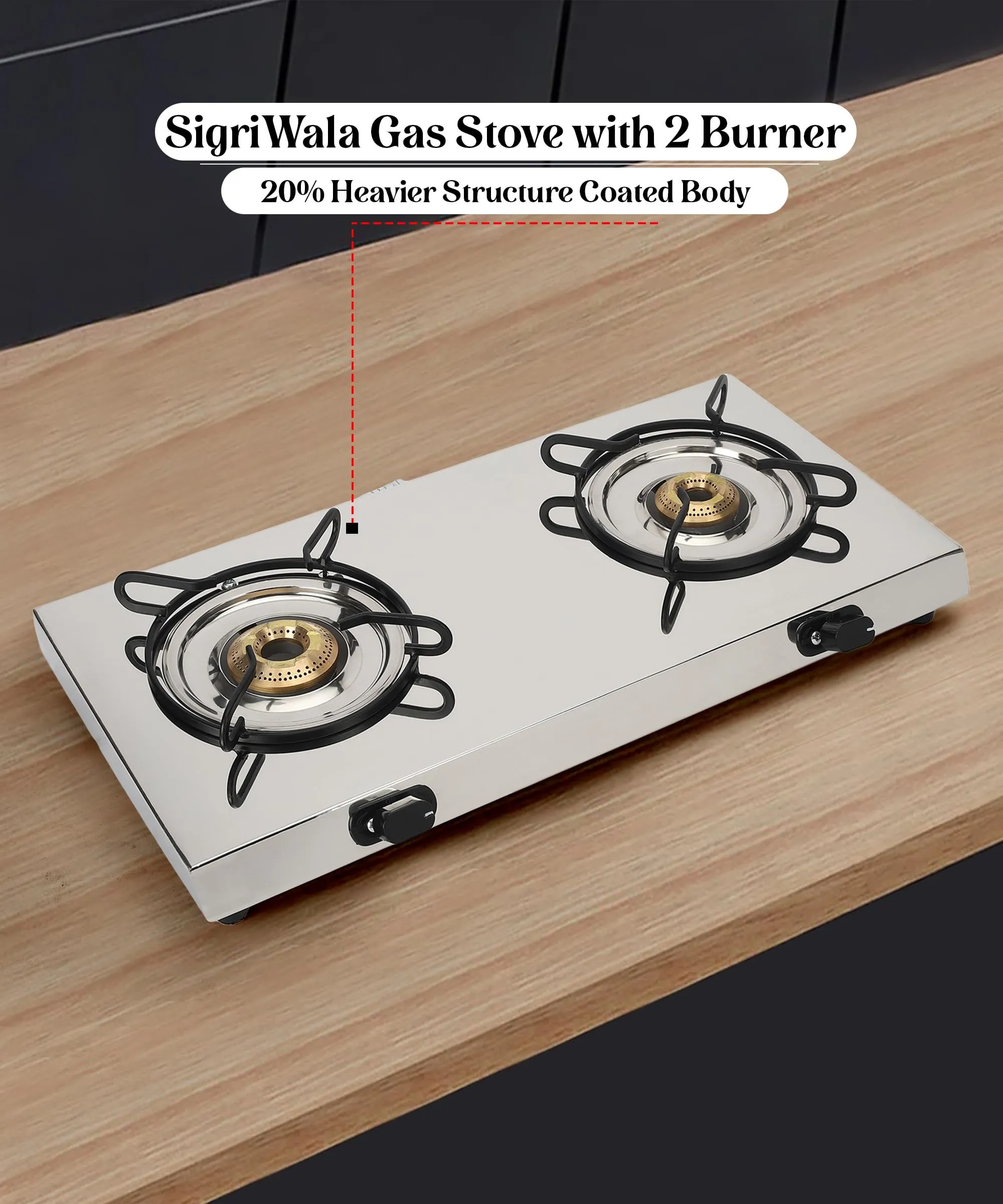 Sigri-wala Ultra Slim High Grade Steel body Stainless Steel JointLess 2 Burner Glass Manual Gas Stove (2 Burners)