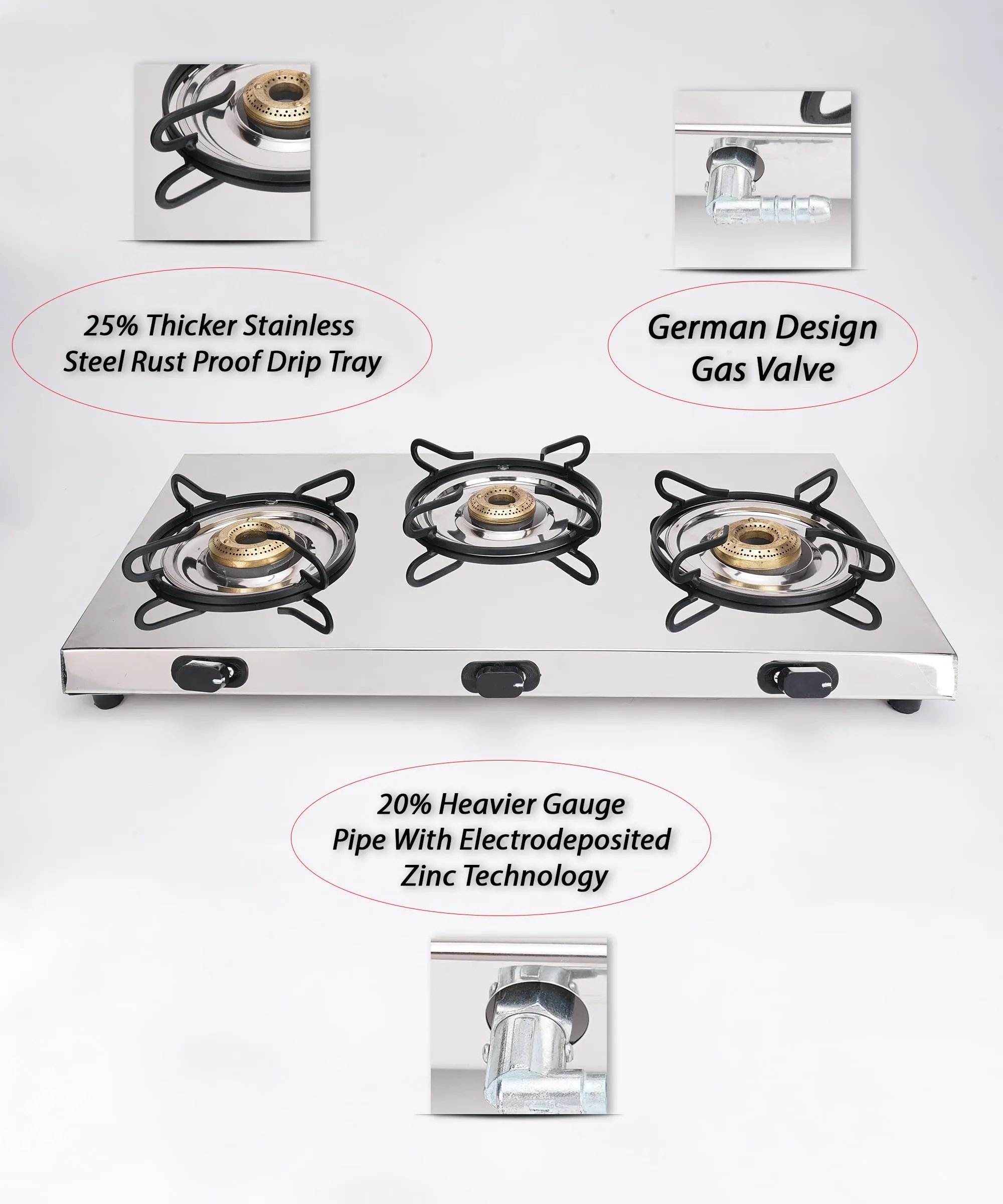 Sigri-wala Ultra Slim High Grade Steel body Stainless Steel JointLess 3 Burner Glass Manual Gas Stove (3 Burners)