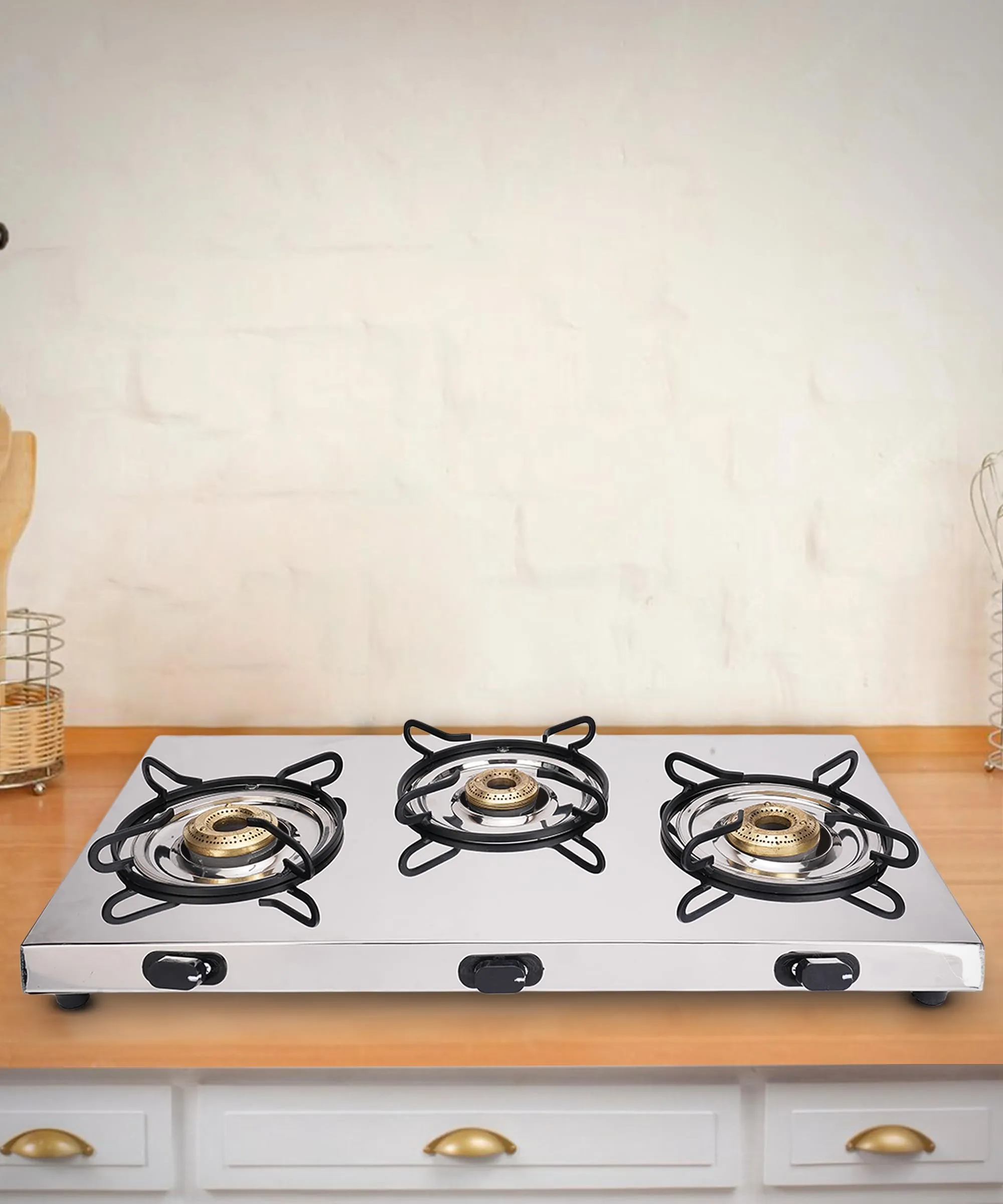 Sigri-wala Ultra Slim High Grade Steel body Stainless Steel JointLess 3 Burner Glass Manual Gas Stove (3 Burners)