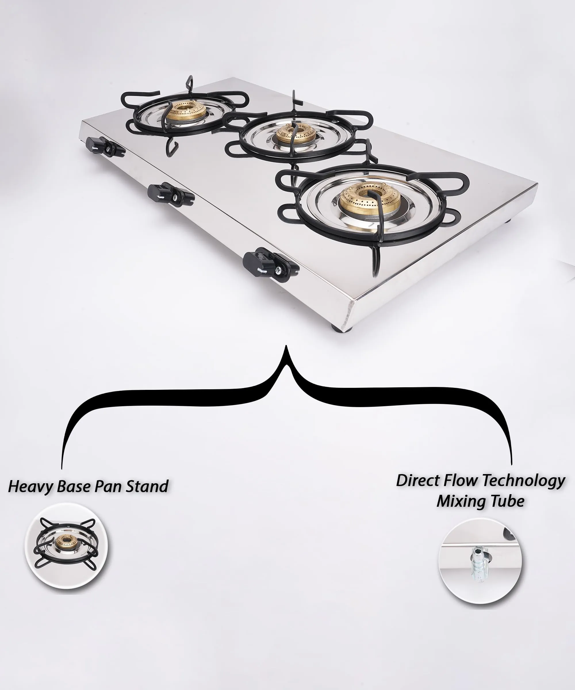 Sigri-wala Ultra Slim High Grade Steel body Stainless Steel JointLess 3 Burner Glass Manual Gas Stove (3 Burners)