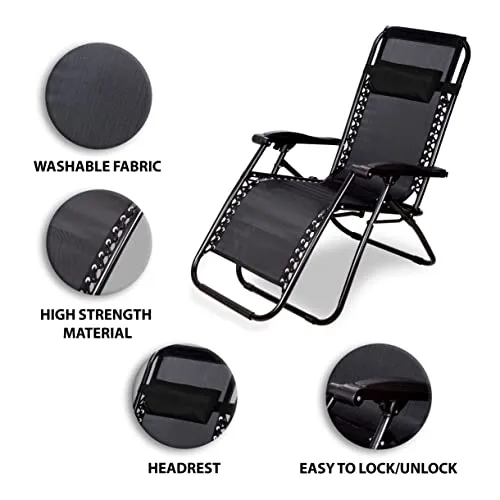 STAR WORK Zero Gravity Relax Chair for Lounge,Easy Chair for Lawn | Portable and Foldable Recliner Chair for Resting | Adjustable Pillow | Full Body Support, Alloy Steel, Black