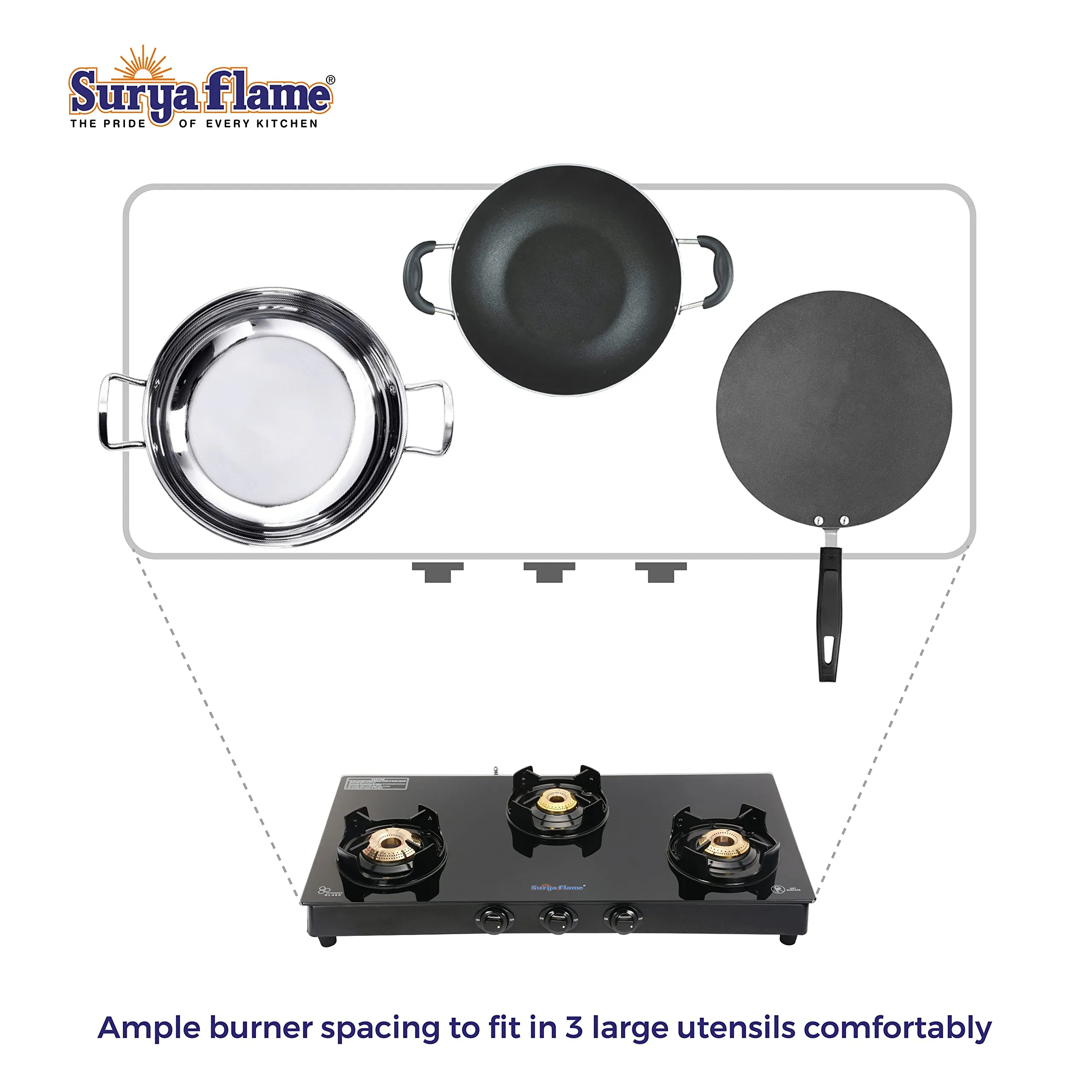 Surya Flame Black Beauty Gas Stove 3 Burners Glass Top LPG Stove | LPG Gas Dual Layer Rubber Hose Pipe 1.5M | Elegant Gas Stove Lighter With Knife, Peeler Knife and Shredder (Pack of 4)