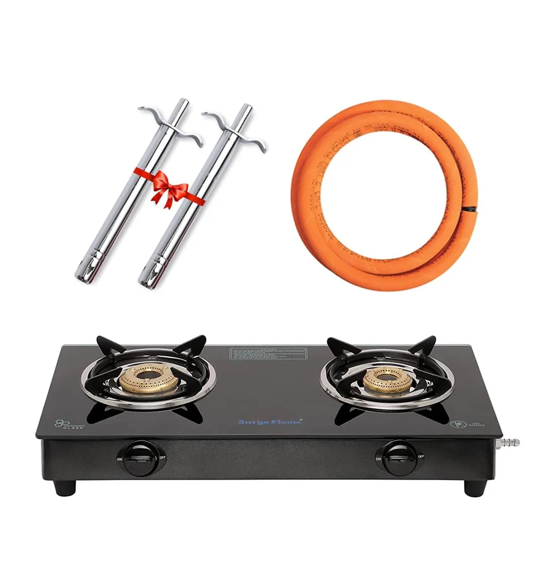 Surya Flame Lifestyle Gas Stove 2 Burners Glass Top LPG Stove | LPG Gas Dual Layer Rubber Hose Pipe 1.5M | Chrome Stainless Steel Gas Lighter (Pack of 2)