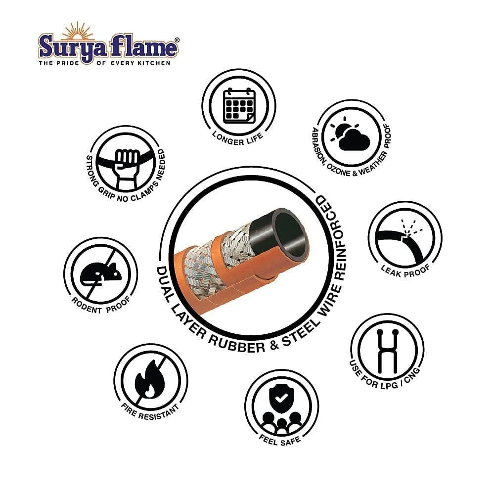 Surya Flame Lifestyle Gas Stove 2 Burners Glass Top LPG Stove | LPG Gas Dual Layer Rubber Hose Pipe 1.5M | Chrome Stainless Steel Gas Lighter (Pack of 2)