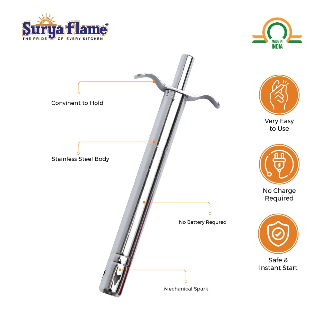 Surya Flame Lifestyle Gas Stove 2 Burners Glass Top LPG Stove | LPG Gas Dual Layer Rubber Hose Pipe 1.5M | Chrome Stainless Steel Gas Lighter (Pack of 2)