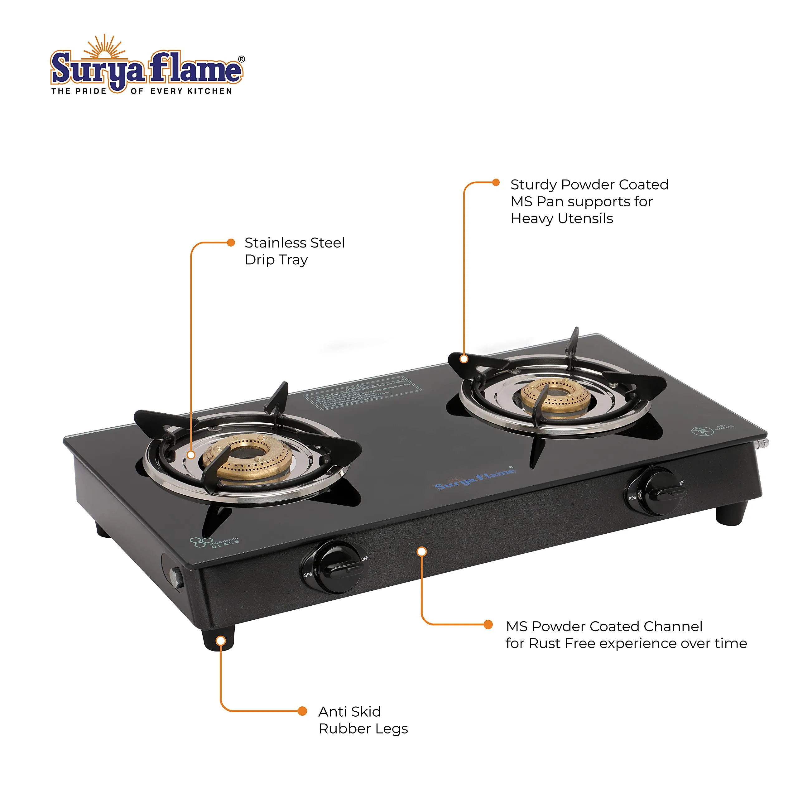 Surya Flame LPG Gas Stove 2 Burner Glass Top Lifestyle Cooktop With BIS Certified Doorstep Warranty 2 Years (Black)