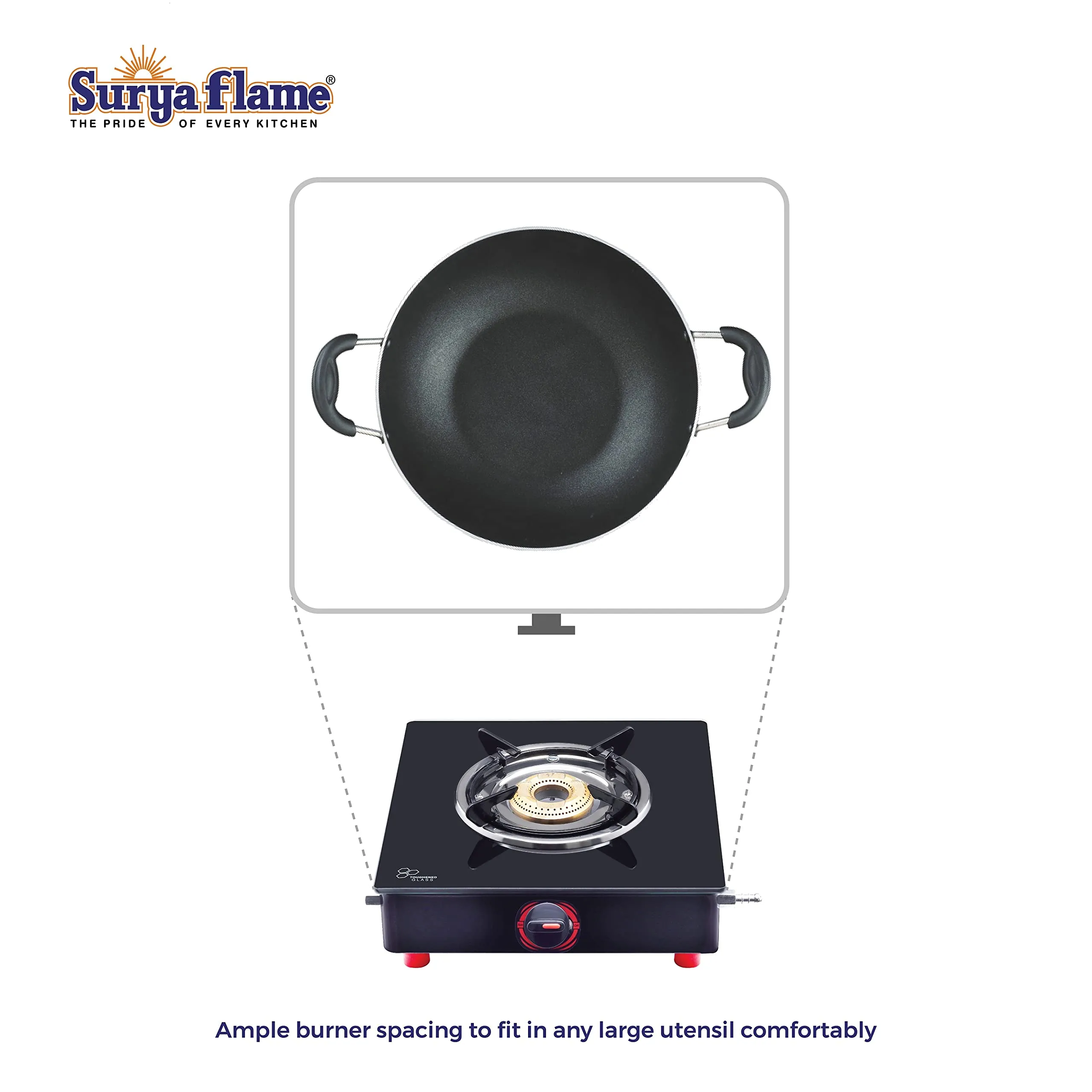 Surya Flame Smart Gas Stove 3 Burner Manual Toughened Glass Cook Top Black Powder Coated Body LPG Gas Stove 2 Years Complete warranty Including Glass