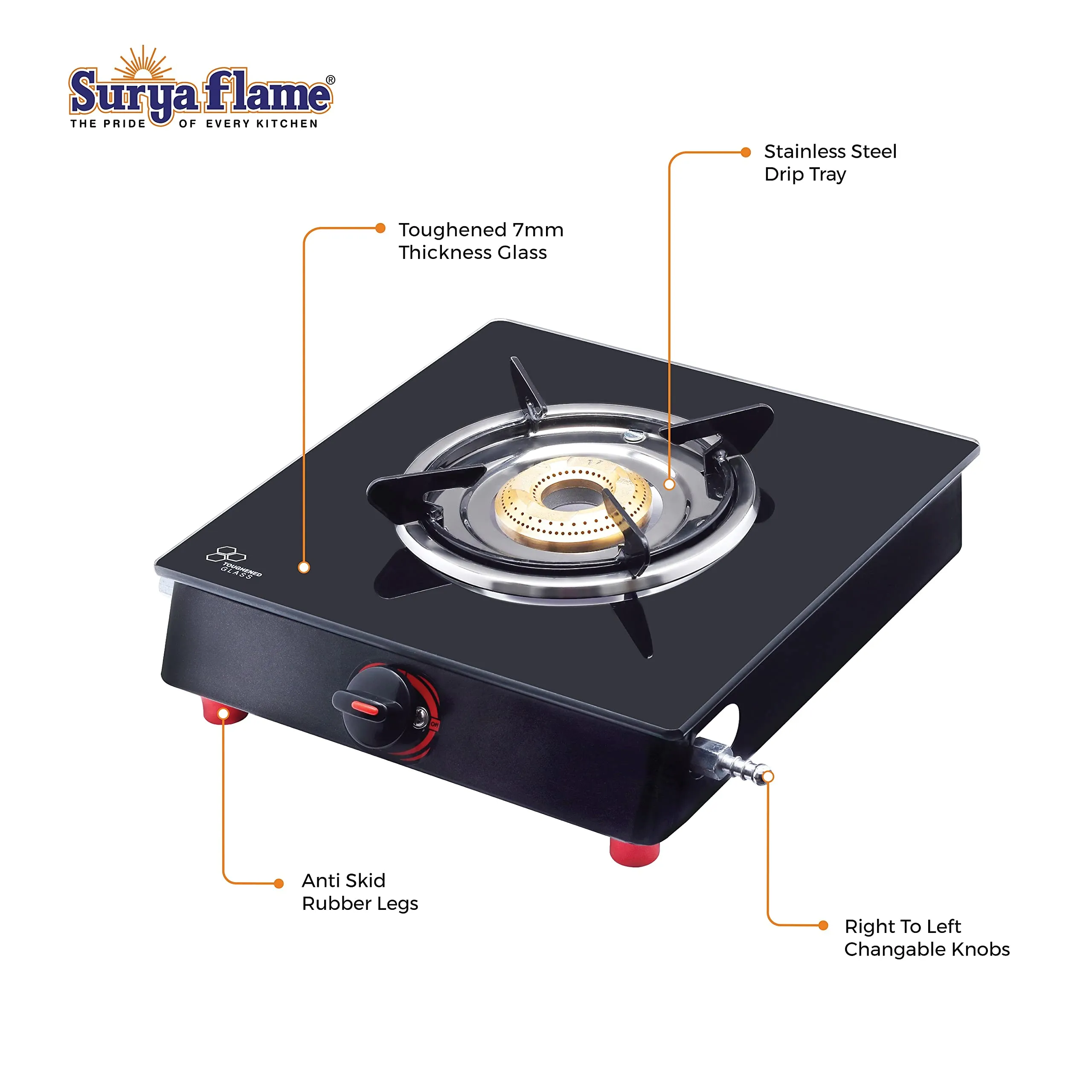 Surya Flame Smart Gas Stove 3 Burner Manual Toughened Glass Cook Top Black Powder Coated Body LPG Gas Stove 2 Years Complete warranty Including Glass