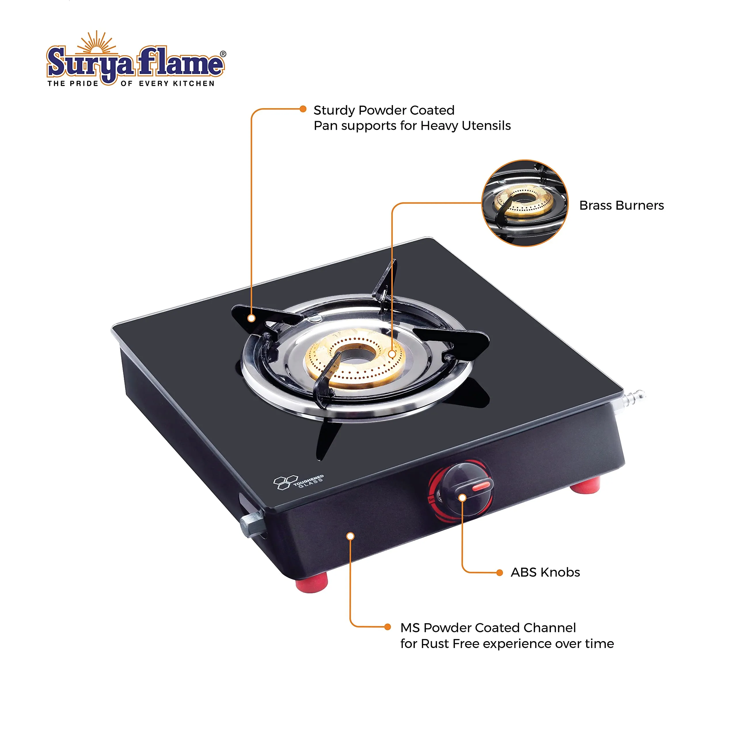 Surya Flame Smart Gas Stove 3 Burner Manual Toughened Glass Cook Top Black Powder Coated Body LPG Gas Stove 2 Years Complete warranty Including Glass