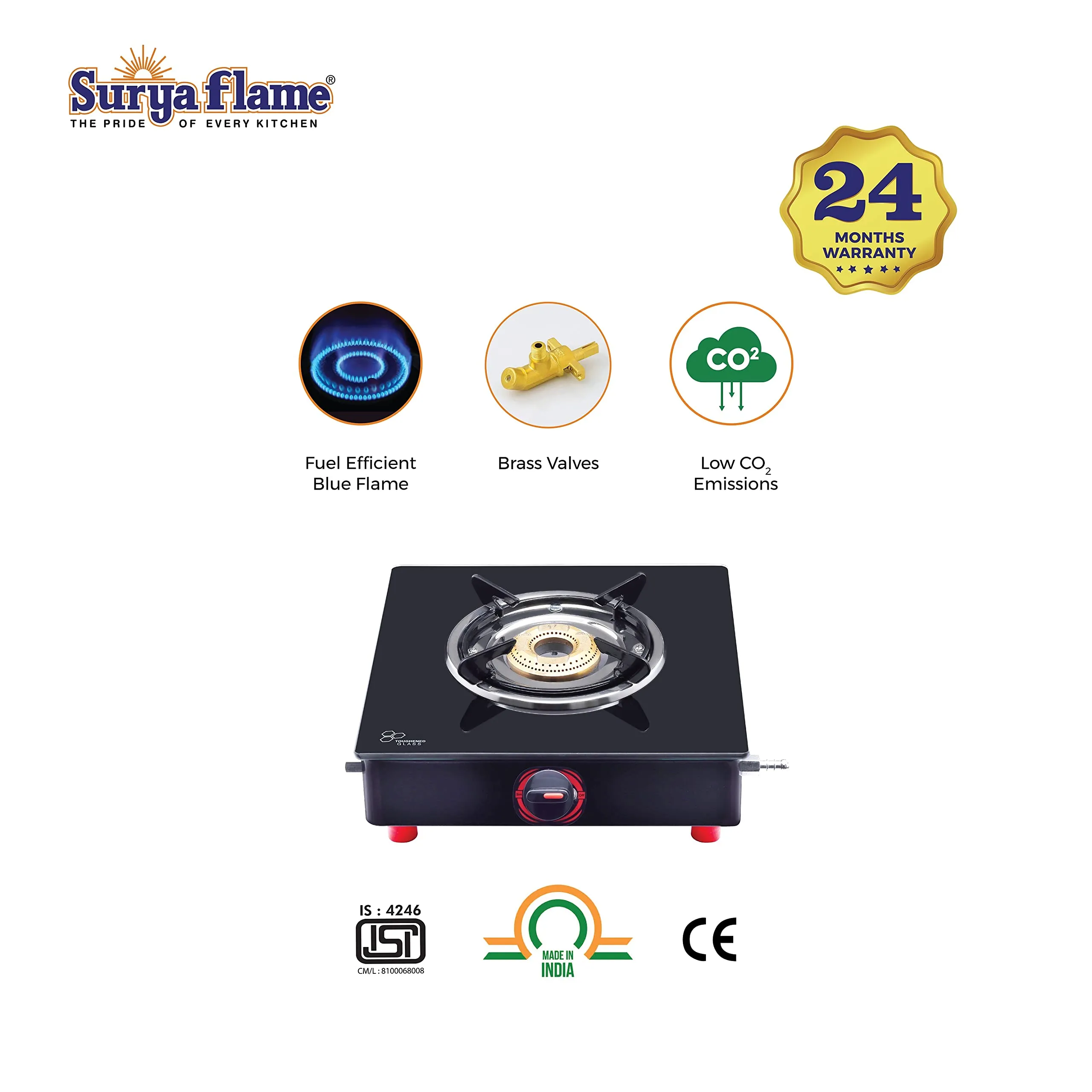 Surya Flame Smart Gas Stove 3 Burner Manual Toughened Glass Cook Top Black Powder Coated Body LPG Gas Stove 2 Years Complete warranty Including Glass