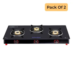 Surya Flame Smart Gas Stove 3 Burners Glass Top | India's First ISI Certifed Black Body PNG Stove | Direct use for Pipeline Gas - 2 Years Complete Doorstep Warranty(Pack of 2)