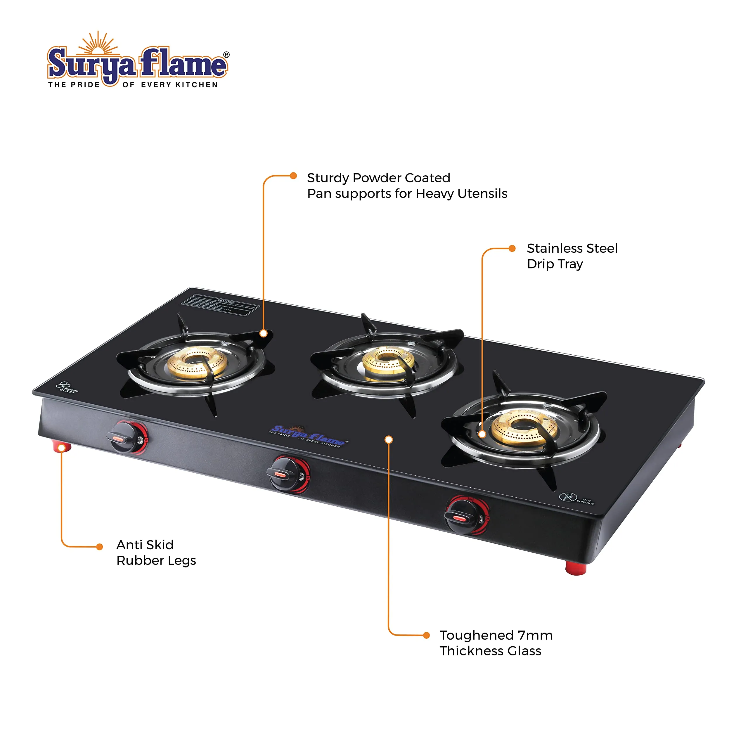 Surya Flame Smart Gas Stove 3 Burners Glass Top LPG Stove | LPG Gas Dual Layer Rubber Hose Pipe 1.5M | Chrome Stainless Steel Gas Lighter (Pack of 2)