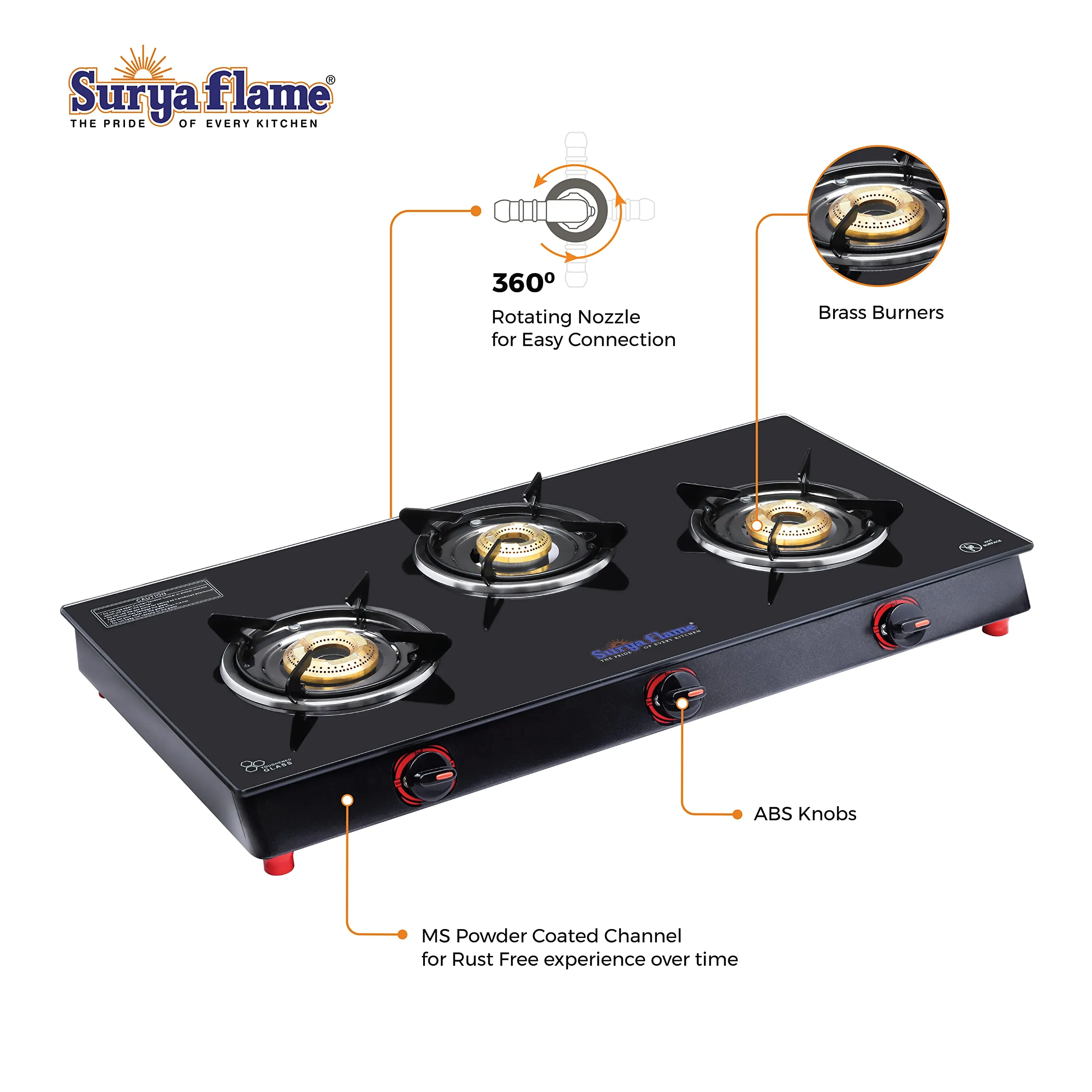 Surya Flame Smart Gas Stove 3 Burners Glass Top LPG Stove | LPG Gas Dual Layer Rubber Hose Pipe 1.5M | Chrome Stainless Steel Gas Lighter (Pack of 2)