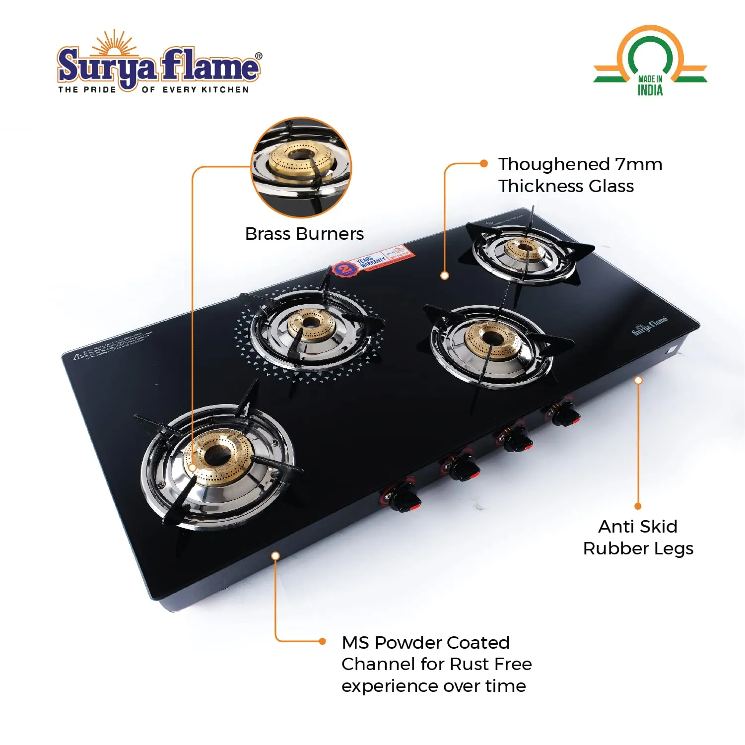 Surya Flame Smart Gas Stove 4 Burners With Glass Top | LPG Gas Dual Layer Rubber Hose Pipe 1.5M | Chrome Stainless Steel Gas Lighter (Pack of 2)