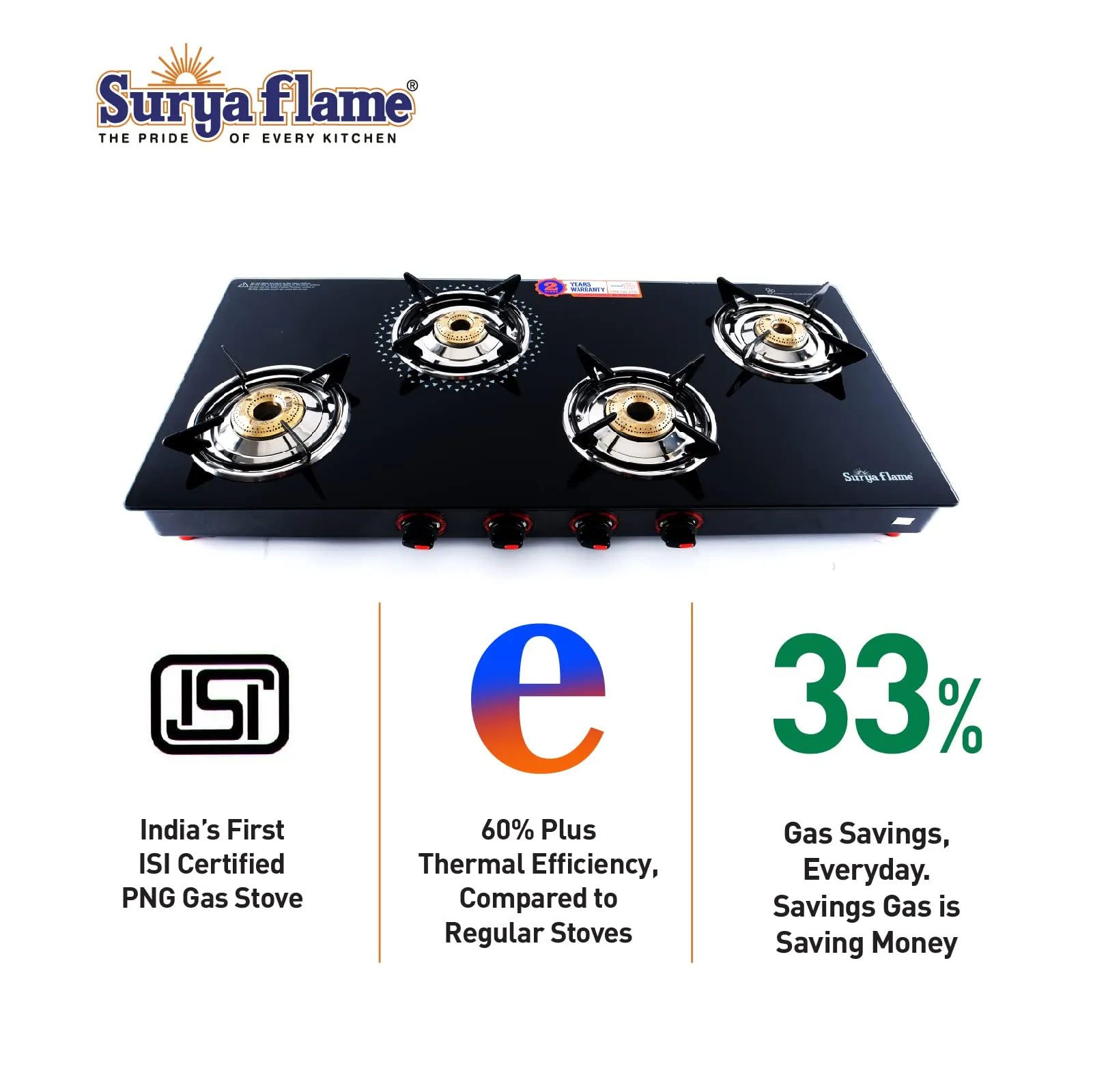 Surya Flame Smart Gas Stove 4 Burners With Glass Top | LPG Gas Dual Layer Rubber Hose Pipe 1.5M | Chrome Stainless Steel Gas Lighter (Pack of 2)