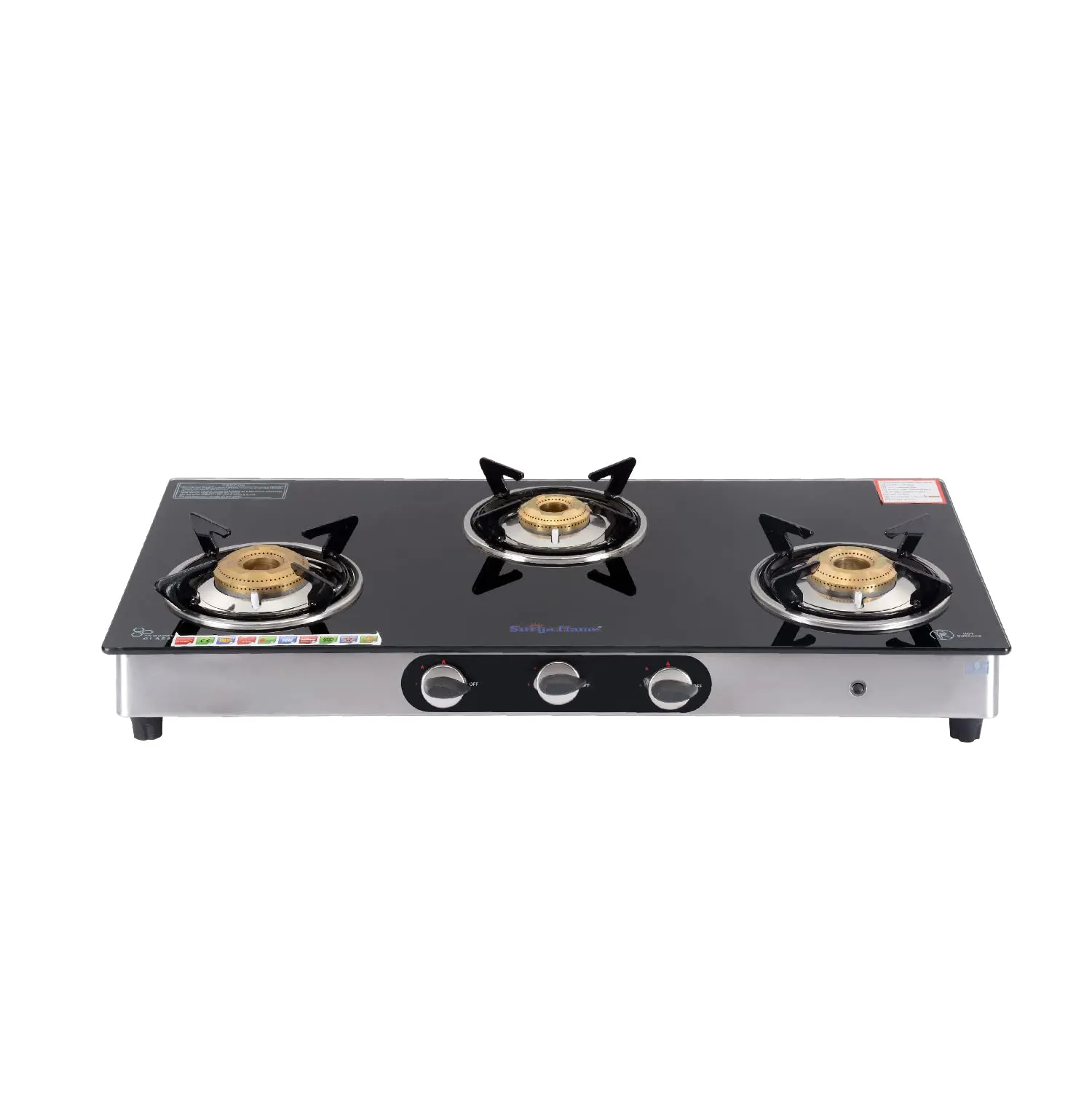 Surya Flame Supreme Gas Stove 3 Burners Glass Top LPG Stove | LPG Gas Dual Layer Rubber Hose Pipe 1.5M | Premier Stainless Steel Gas Lighter with Knife