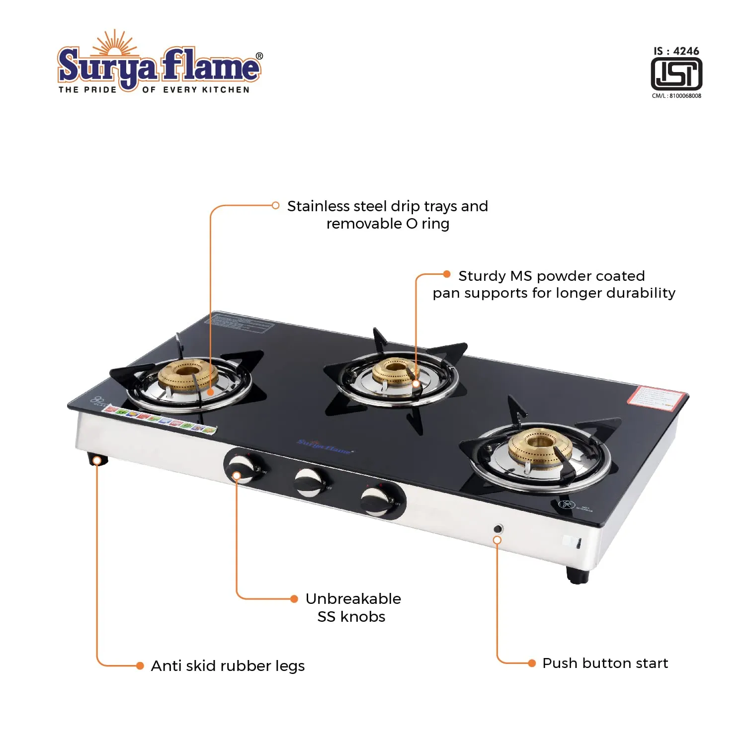 Surya Flame Supreme Gas Stove 3 Burners Glass Top LPG Stove | LPG Gas Dual Layer Rubber Hose Pipe 1.5M | Premier Stainless Steel Gas Lighter with Knife